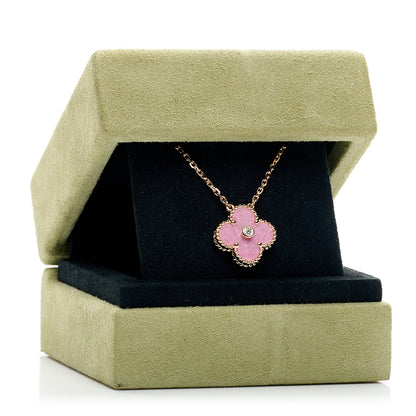 Van Cleef & Arpels 18K Rose Gold Diamond Rhodonite Vintage Alhambra Pendant Necklace 6 of 6