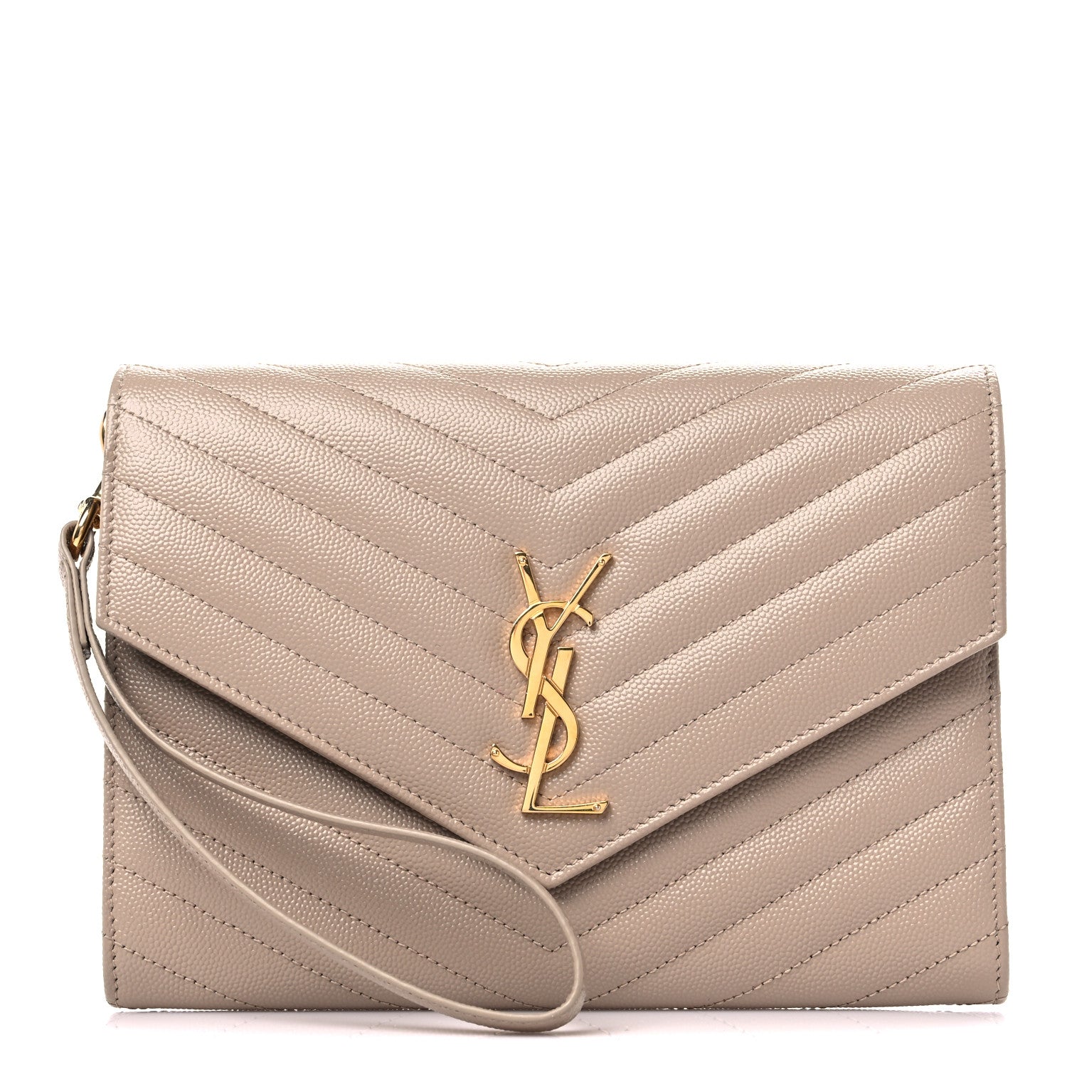 Saint Laurent Grain De Poudre Matelasse Chevron Monogram Envelope Clutch Dark Beige 1 of 9