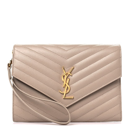 Saint Laurent Grain De Poudre Matelasse Chevron Monogram Envelope Clutch Dark Beige 1 of 9