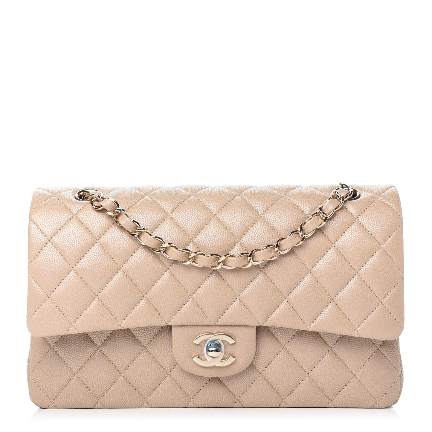 Iridescent Caviar Quilted Medium Double Flap Dark Beige
