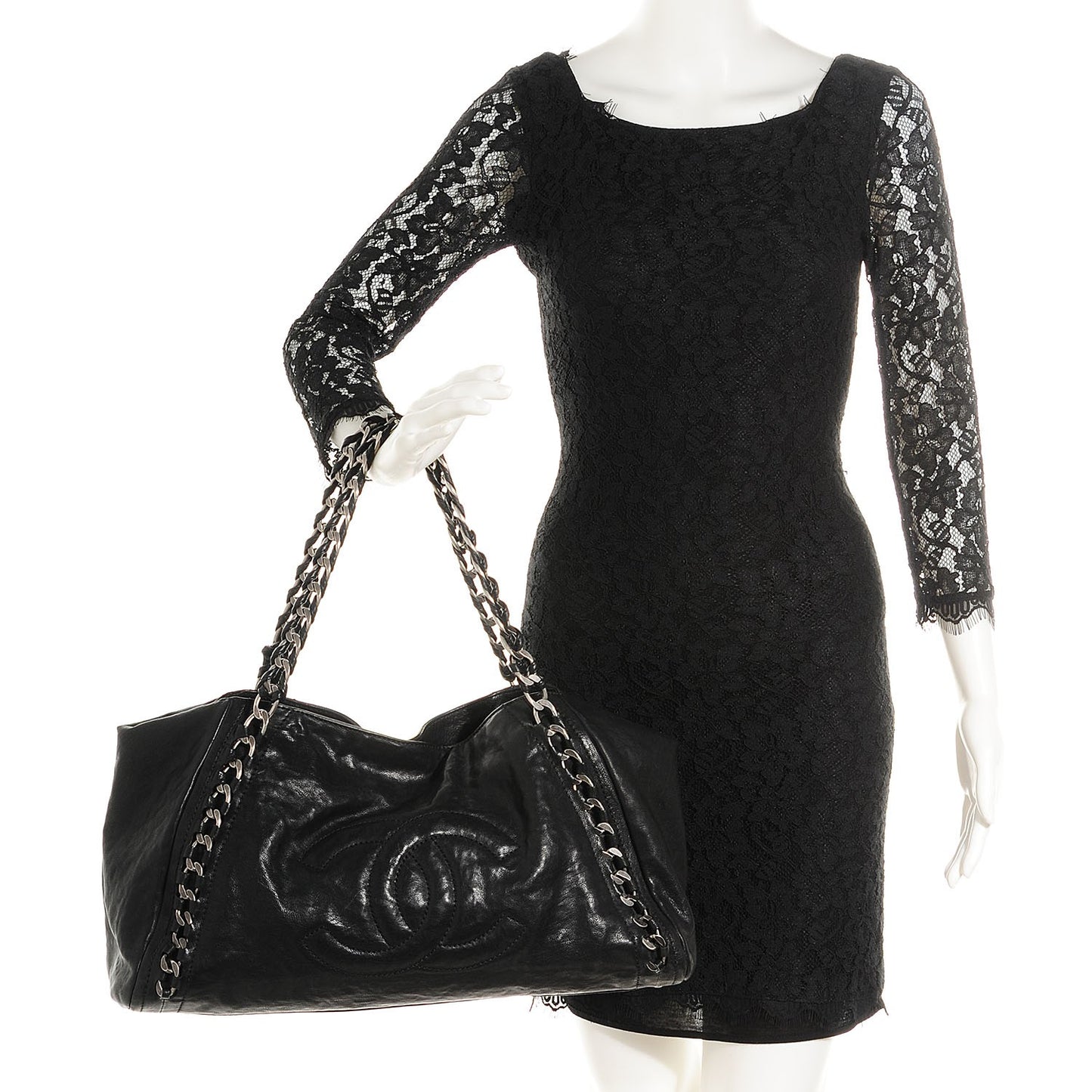 Glazed Caviar East West Modern Chain Tote Black