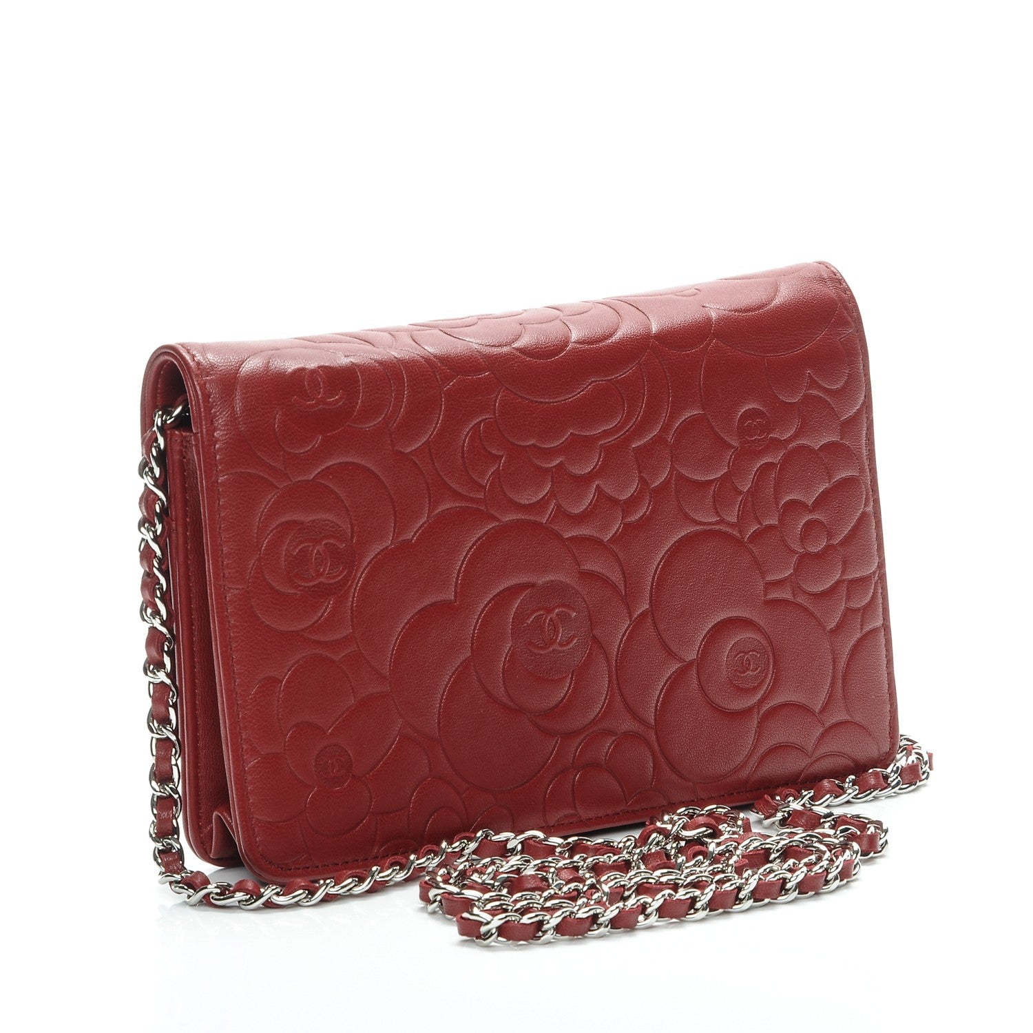 Chanel Lambskin Camellia Embossed Wallet On Chain WOC Dark Red 3 of 8