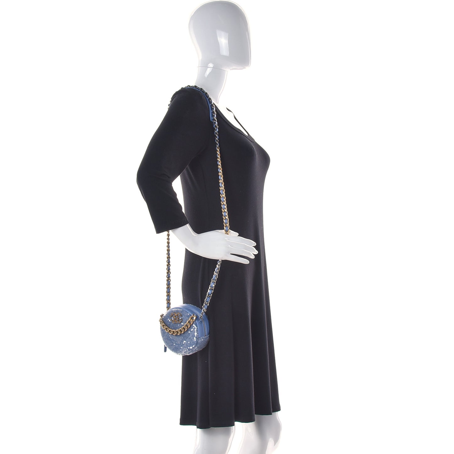 Sequin Chanel 19 Round Clutch With Chain Light Blue