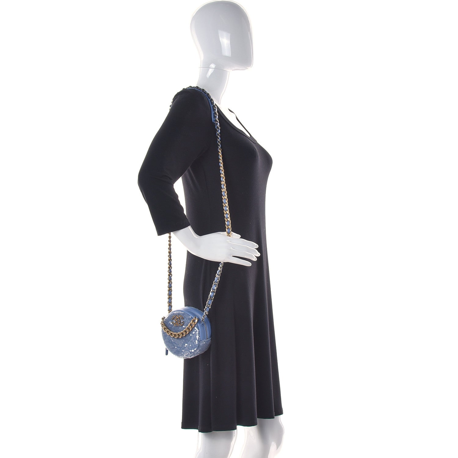 Chanel Sequin Chanel 19 Round Clutch With Chain Light Blue 2 of 13