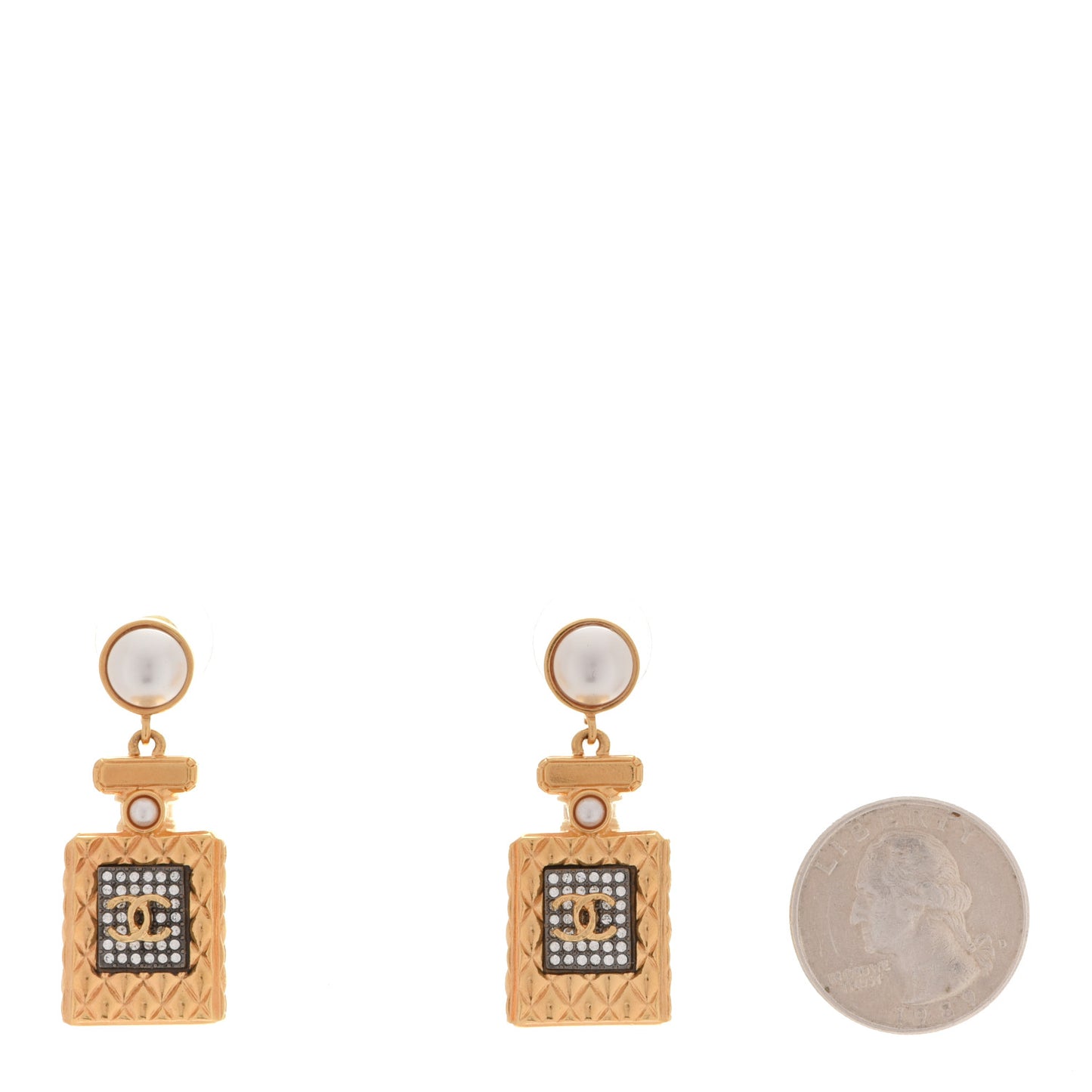 Crystal Pearl CC Perfume Bottle Drop Earrings Gold