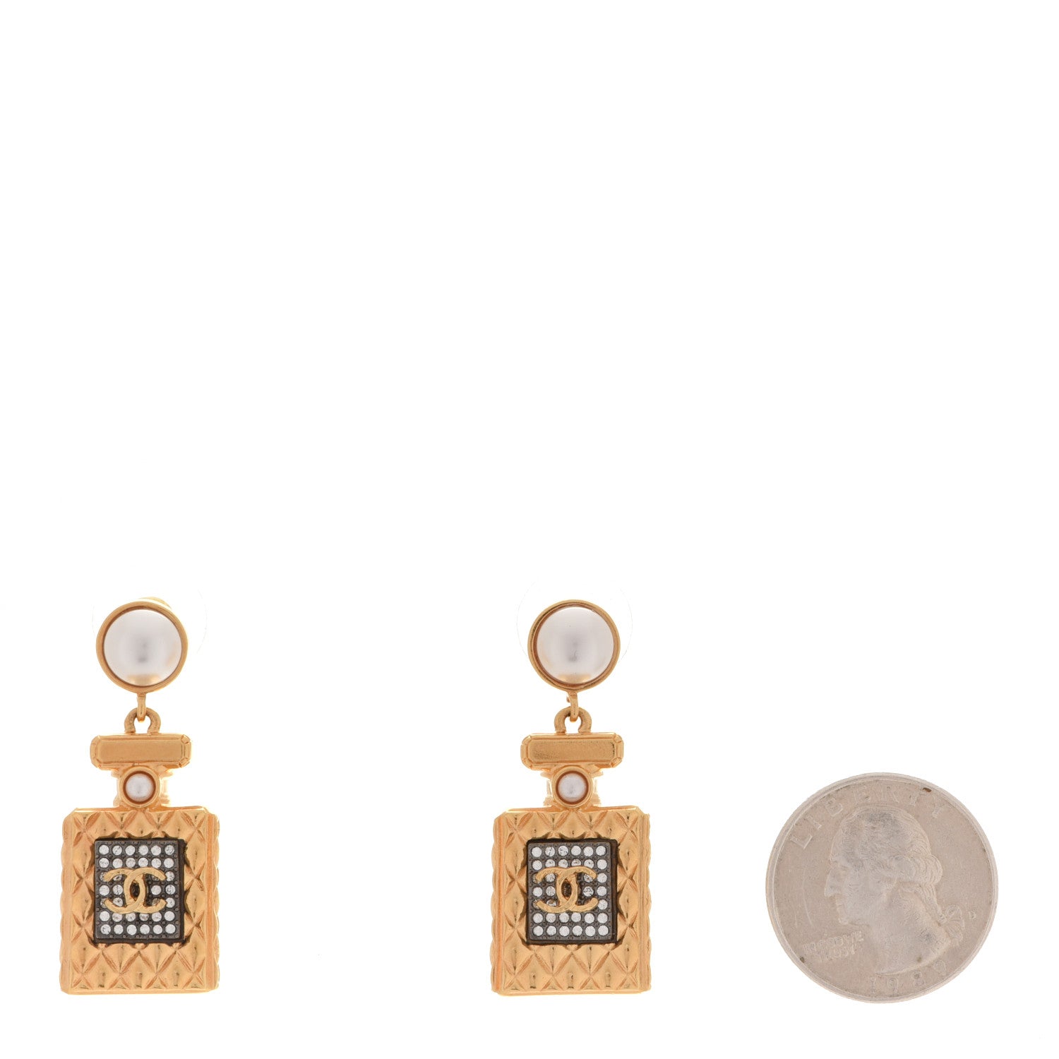 Chanel Crystal Pearl CC Perfume Bottle Drop Earrings Gold 2 of 5