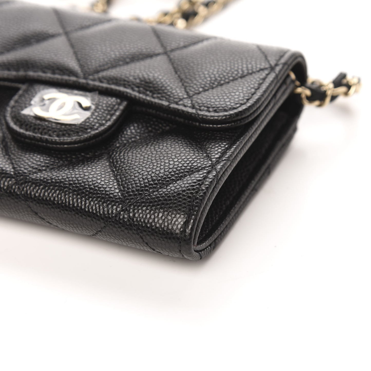 Caviar Quilted Flap Card Holder On Chain Black