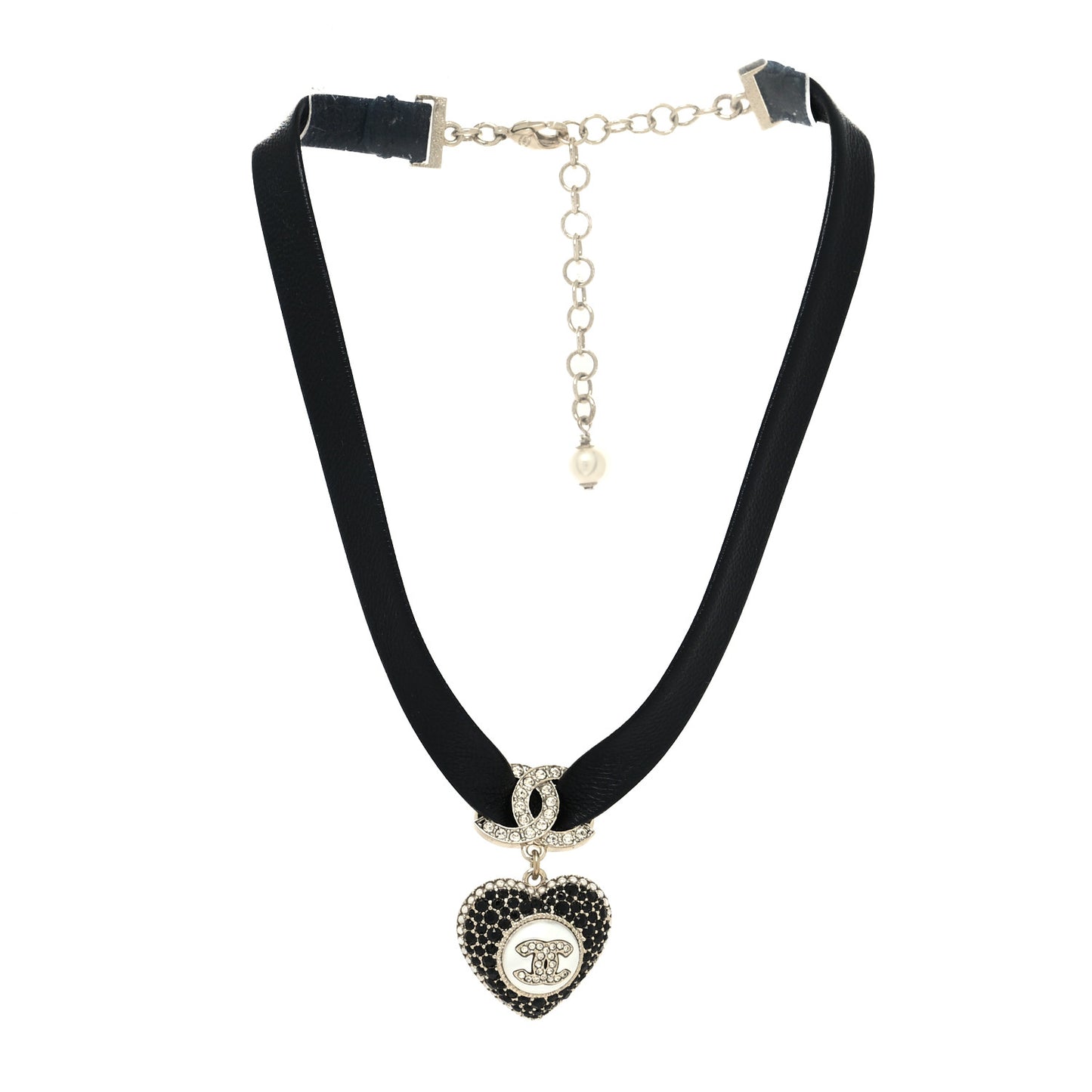 Lambskin Crystal CC Heart Choker Gold Black