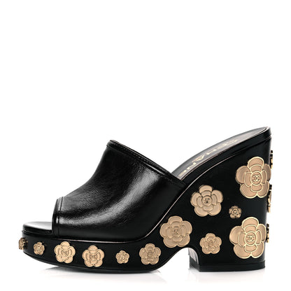 Chanel Crumpled Calfskin Camellia Wedge Mules 36 Black 1 of 10