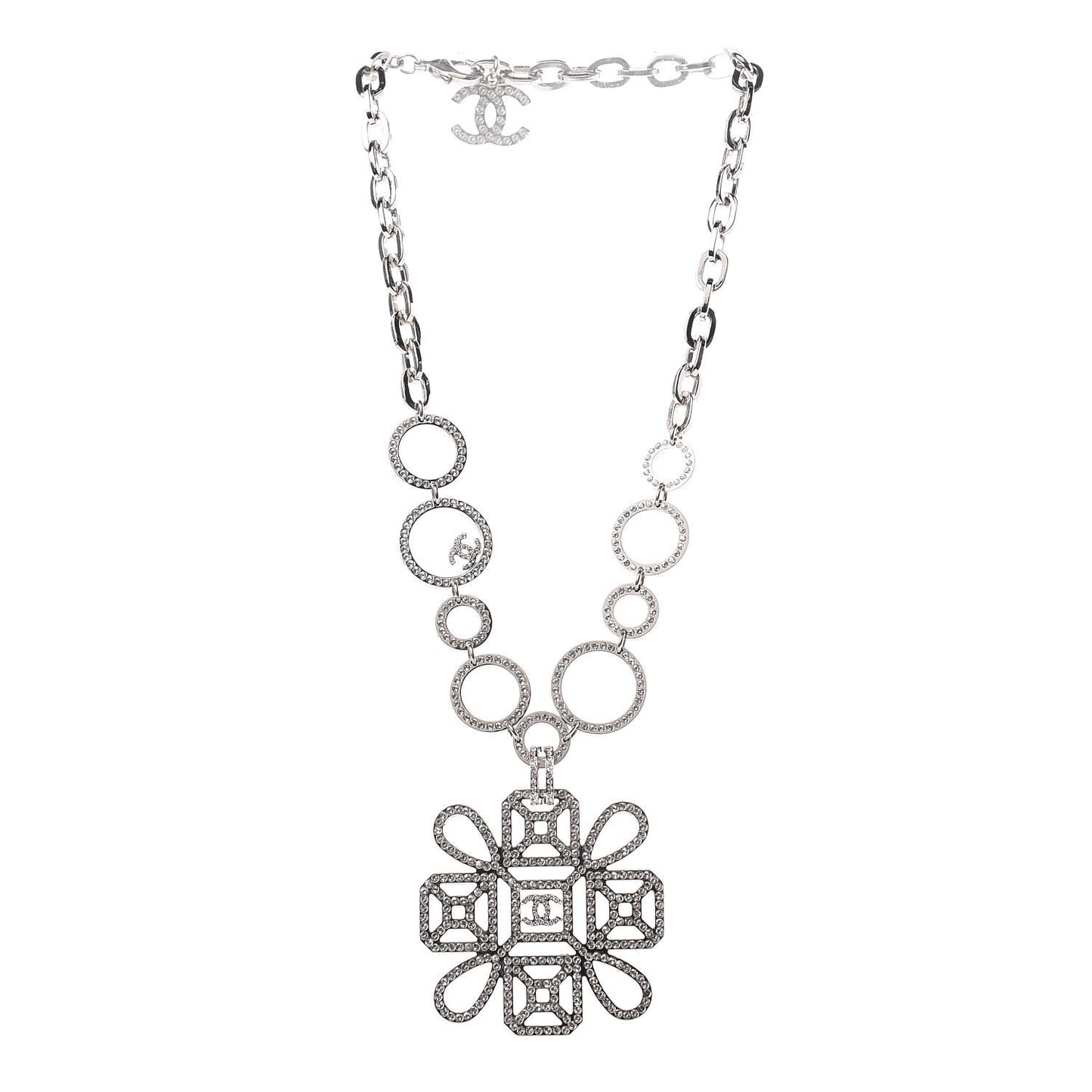 Crystal Strass Cross CC Necklace Silver