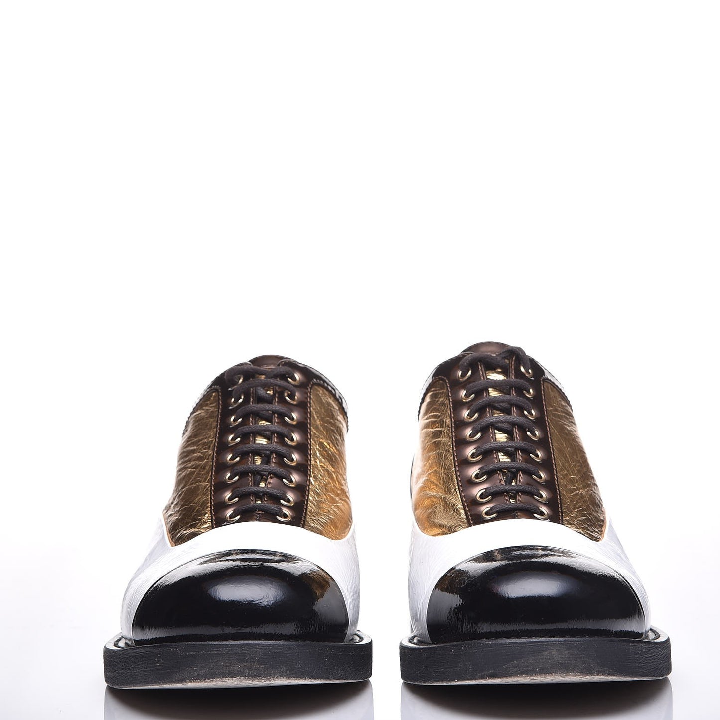 Crumpled Lambskin Patent CC Lace Up Oxfords 38 White Gold Black