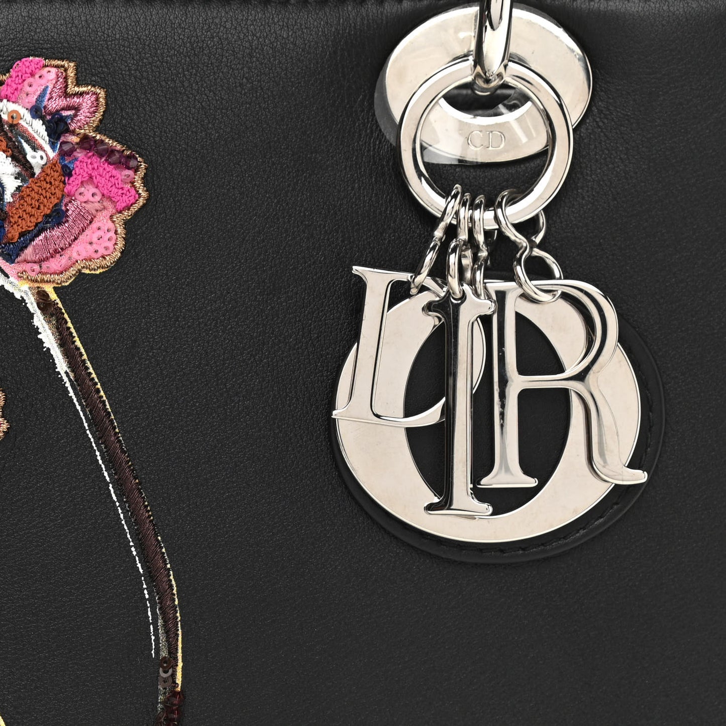 Smooth Calfskin Embroidered Beaded Floral Medium Lady Dior Black