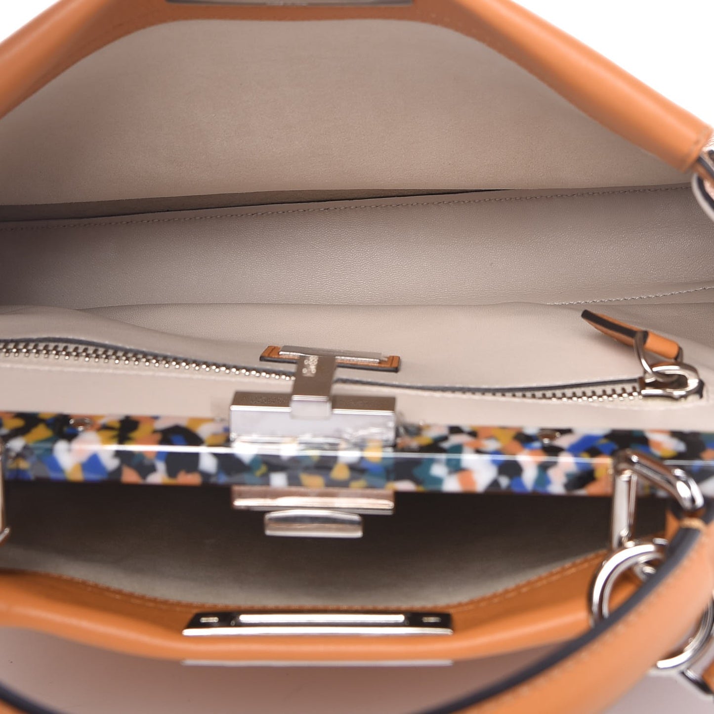Vitello Seta Shiny Nappa Plexiglass Granite Medium Peekaboo Iconic Satchel Ginger Latte