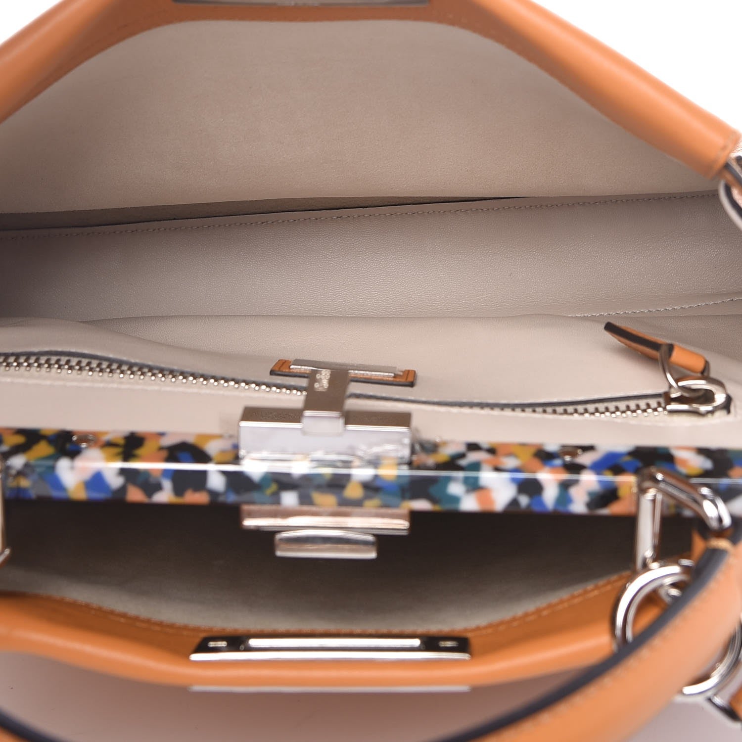 Fendi Vitello Seta Shiny Nappa Plexiglass Granite Medium Peekaboo Iconic Satchel Ginger Latte 5 of 15
