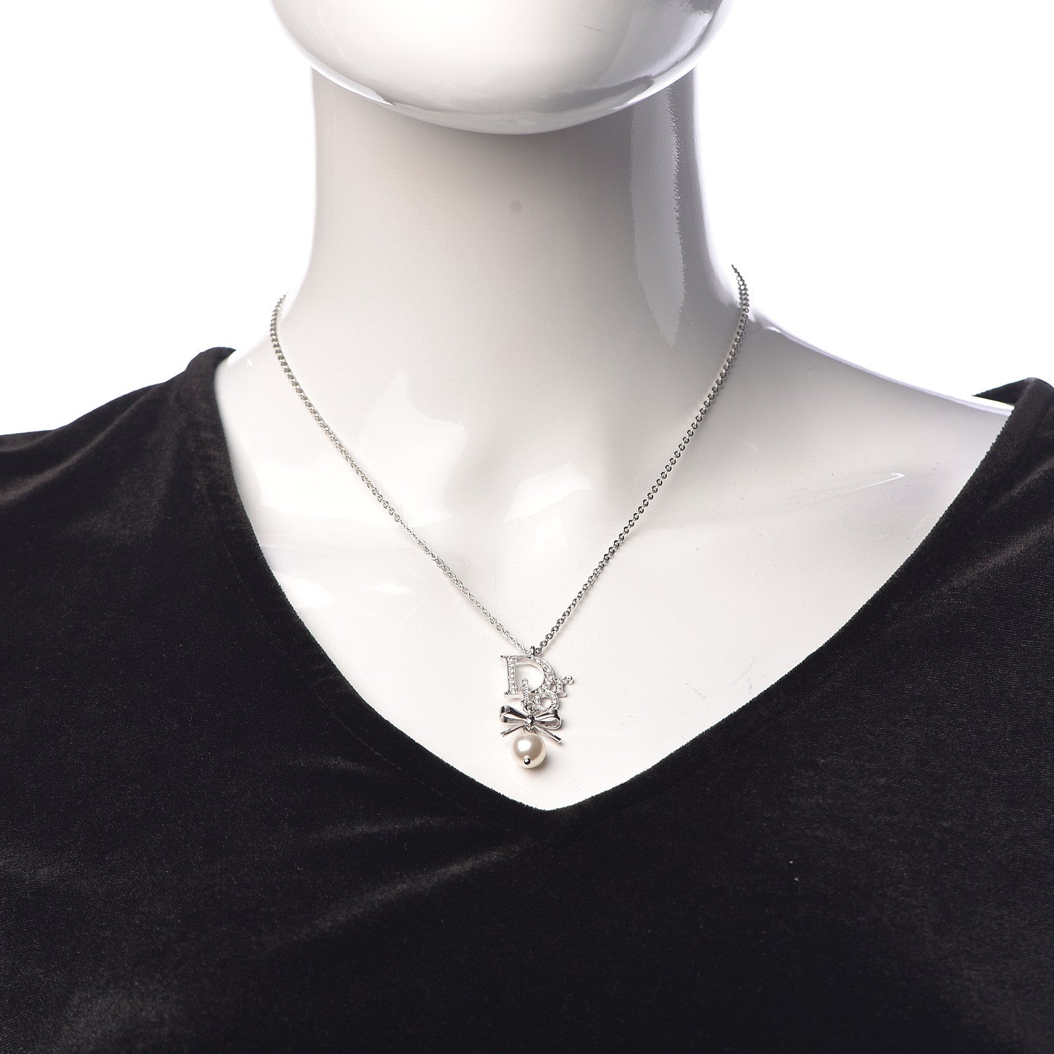 Christian Dior Crystal Pearl Dior Logo Necklace Silver 2 of 5