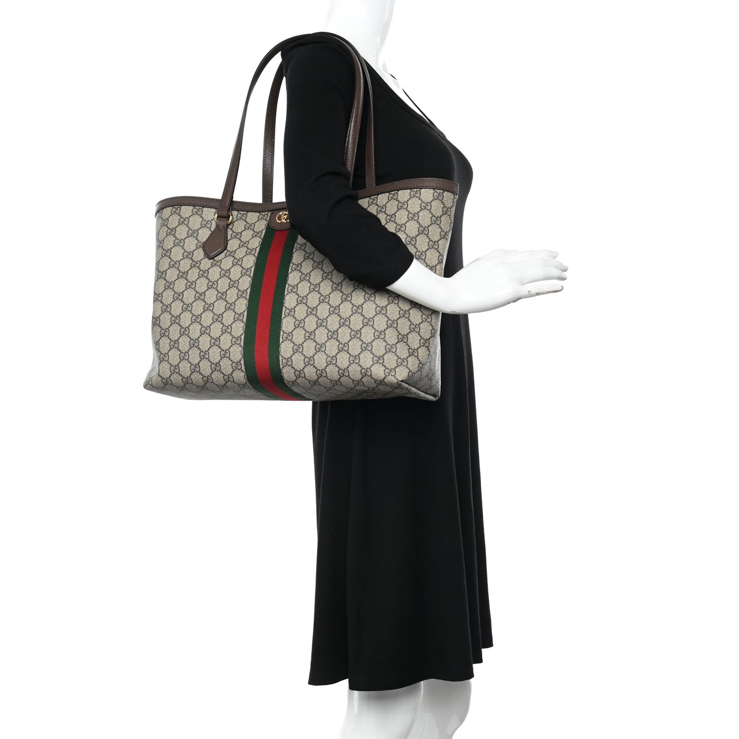 GG Supreme Monogram Textured Calfskin Web Medium Ophidia Shopping Tote Beige Ebony New Acero