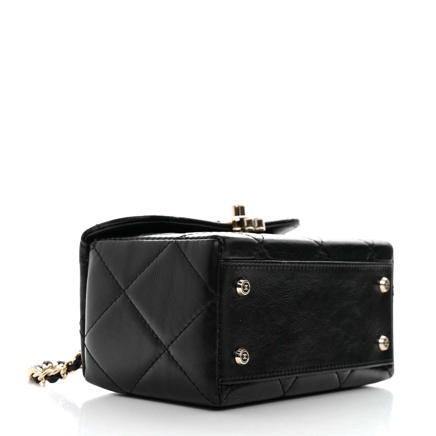 Shiny Calfskin Quilted Small CC Top Handle Box Bag Black