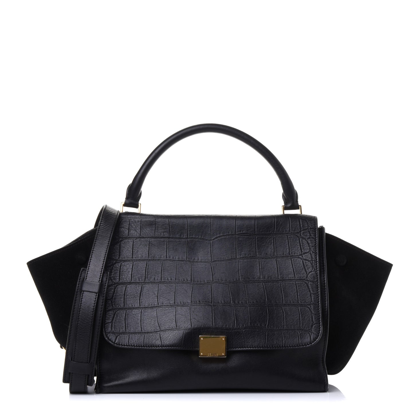 Crocodile Embossed Calfskin Suede Medium Trapeze Black