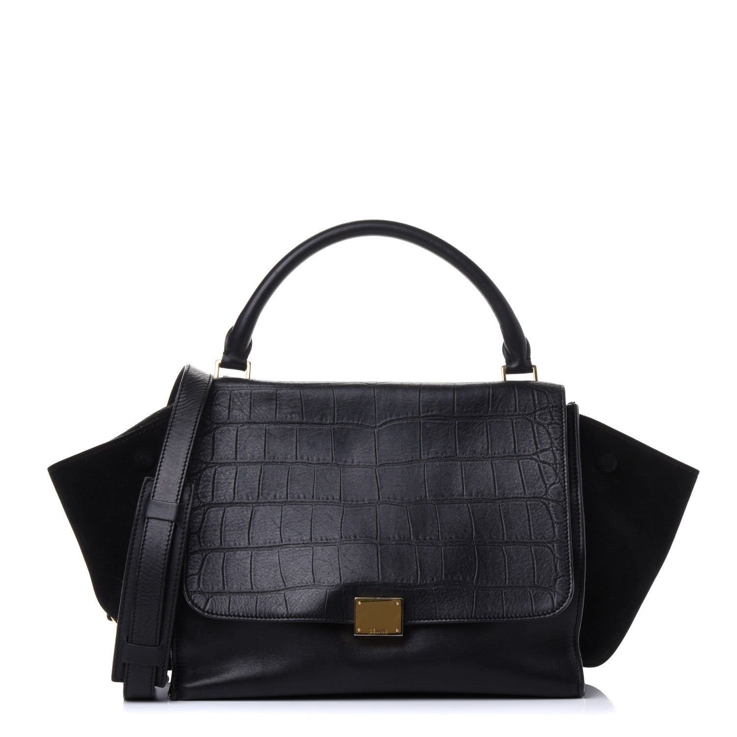 Celine Crocodile Embossed Calfskin Suede Medium Trapeze Black 1 of 4