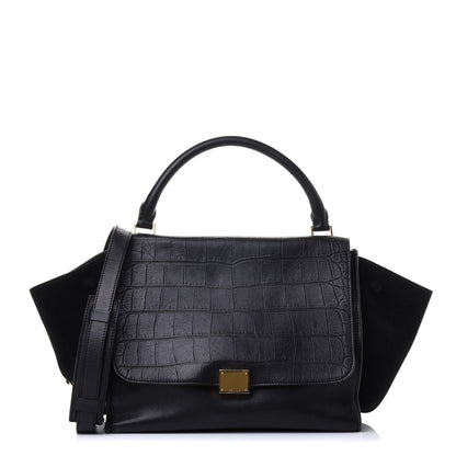 Celine Crocodile Embossed Calfskin Suede Medium Trapeze Black 1 of 4