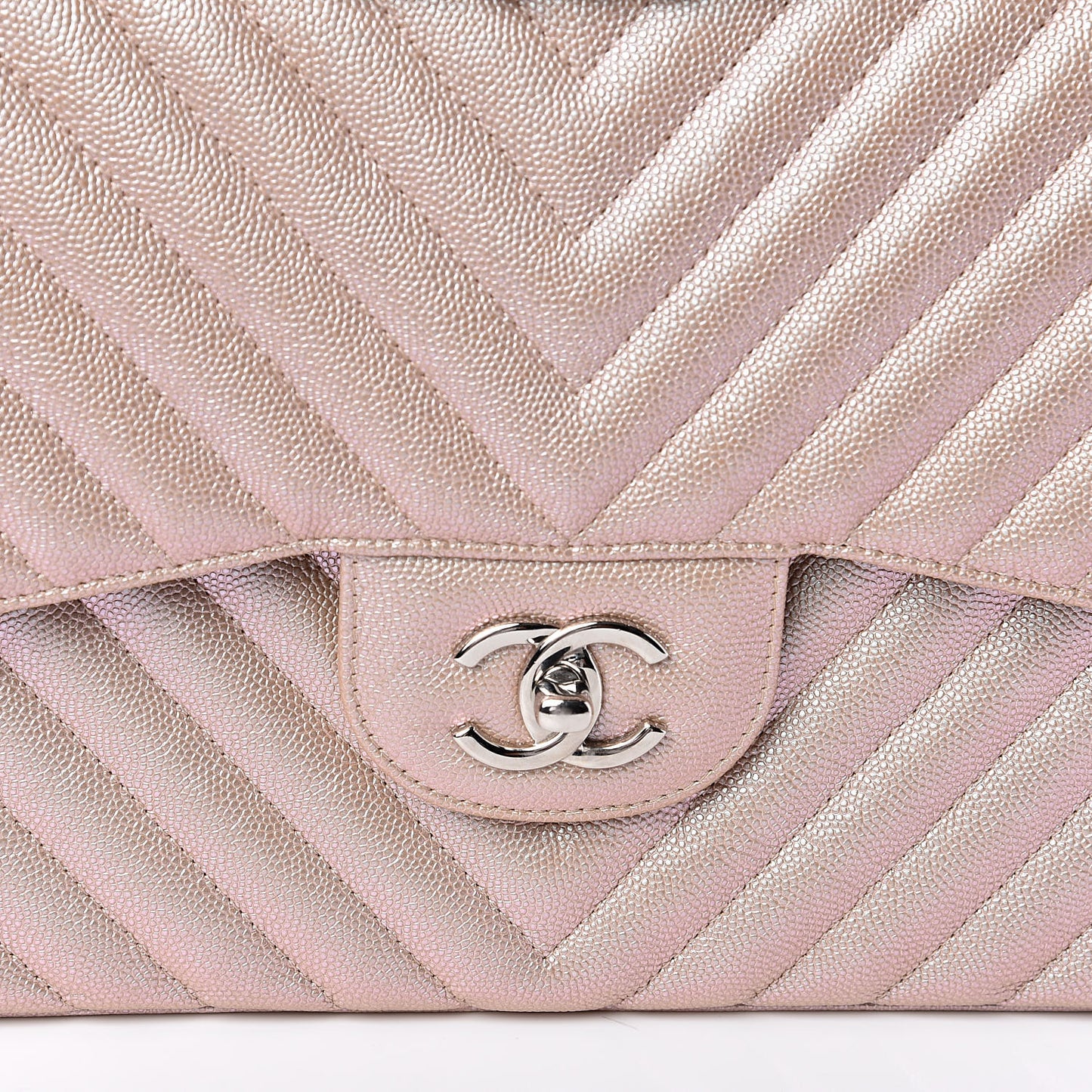 Metallic Caviar Chevron Quilted Jumbo Double Flap Light Gold
