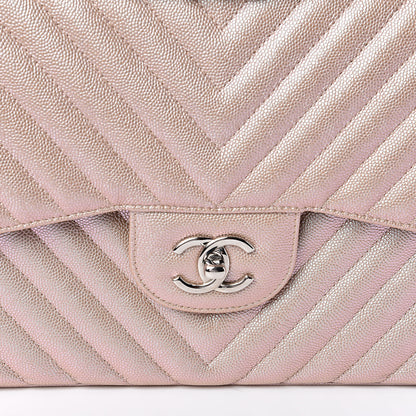 Chanel Metallic Caviar Chevron Quilted Jumbo Double Flap Light Gold 10 of 11