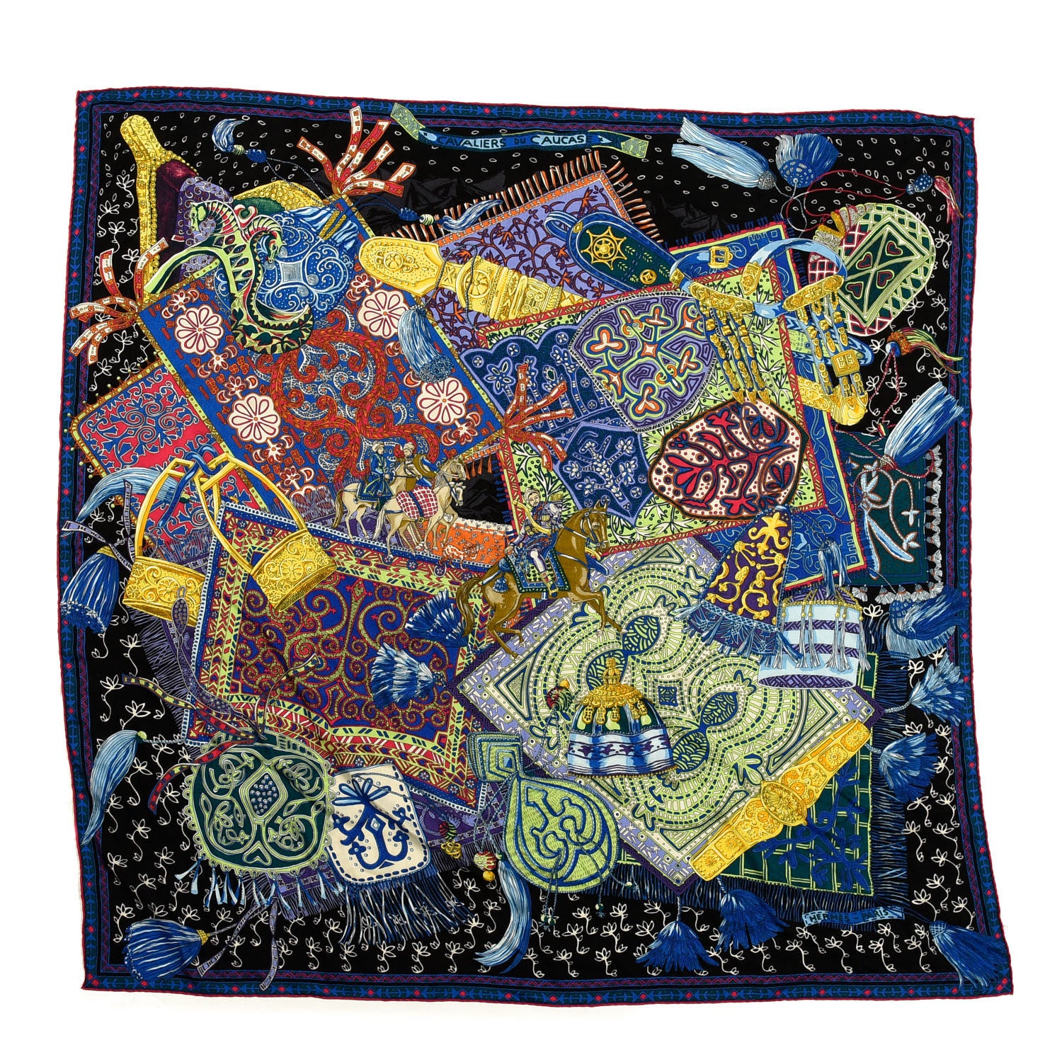 Hermes Cashmere Silk Cavaliers du Caucase Shawl 140 Black Bleu Vert 1 of 4