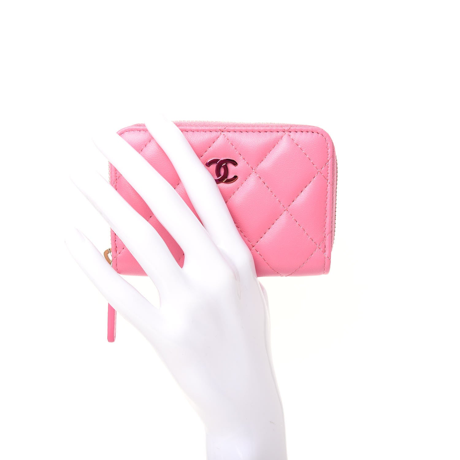 Chanel Lambskin Quilted Zip Around Coin Purse Wallet Pink Yellow 2 of 9