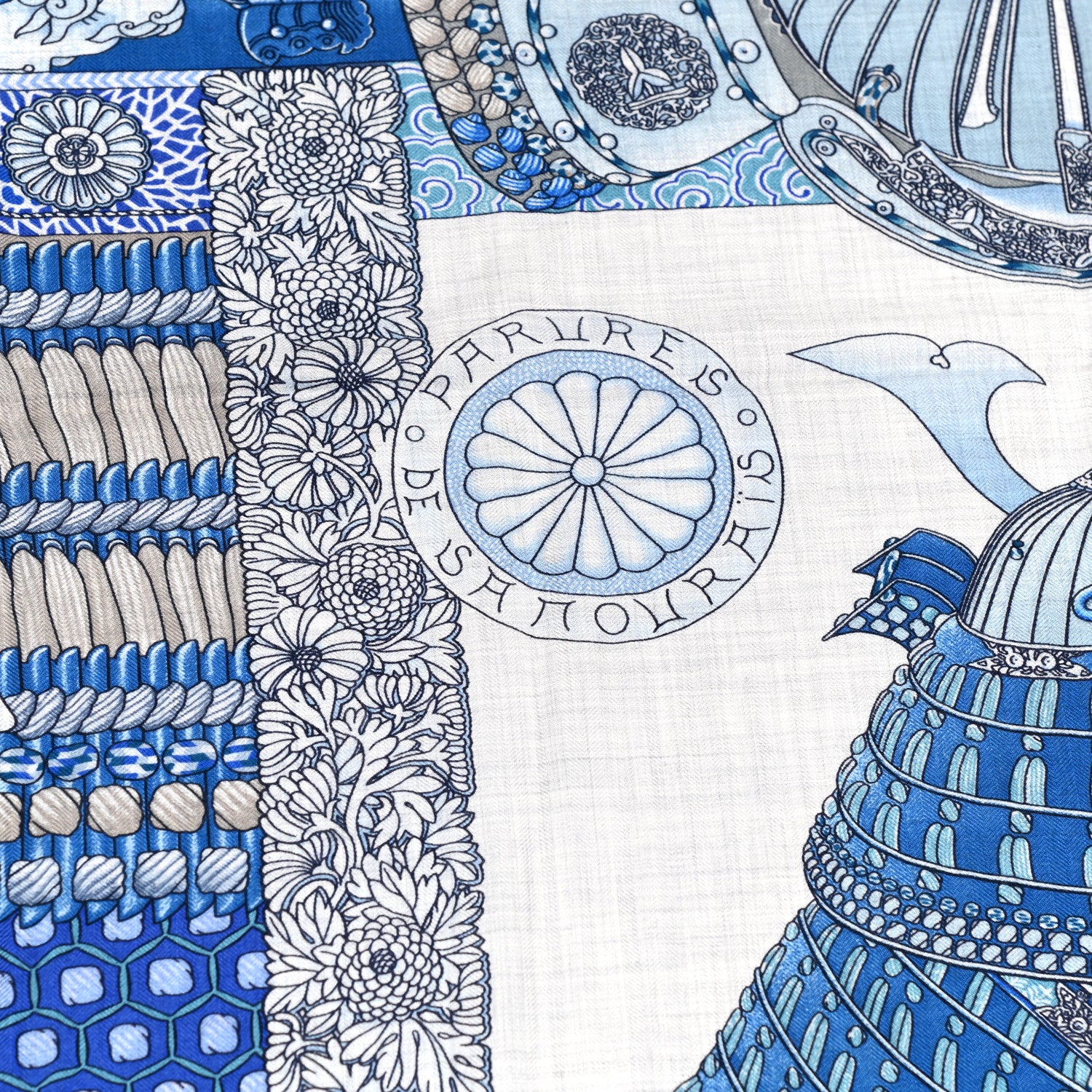 Hermes Cashmere Silk Parures De Samourais Shawl 140 Gris Chine Bleu Gris 3 of 6