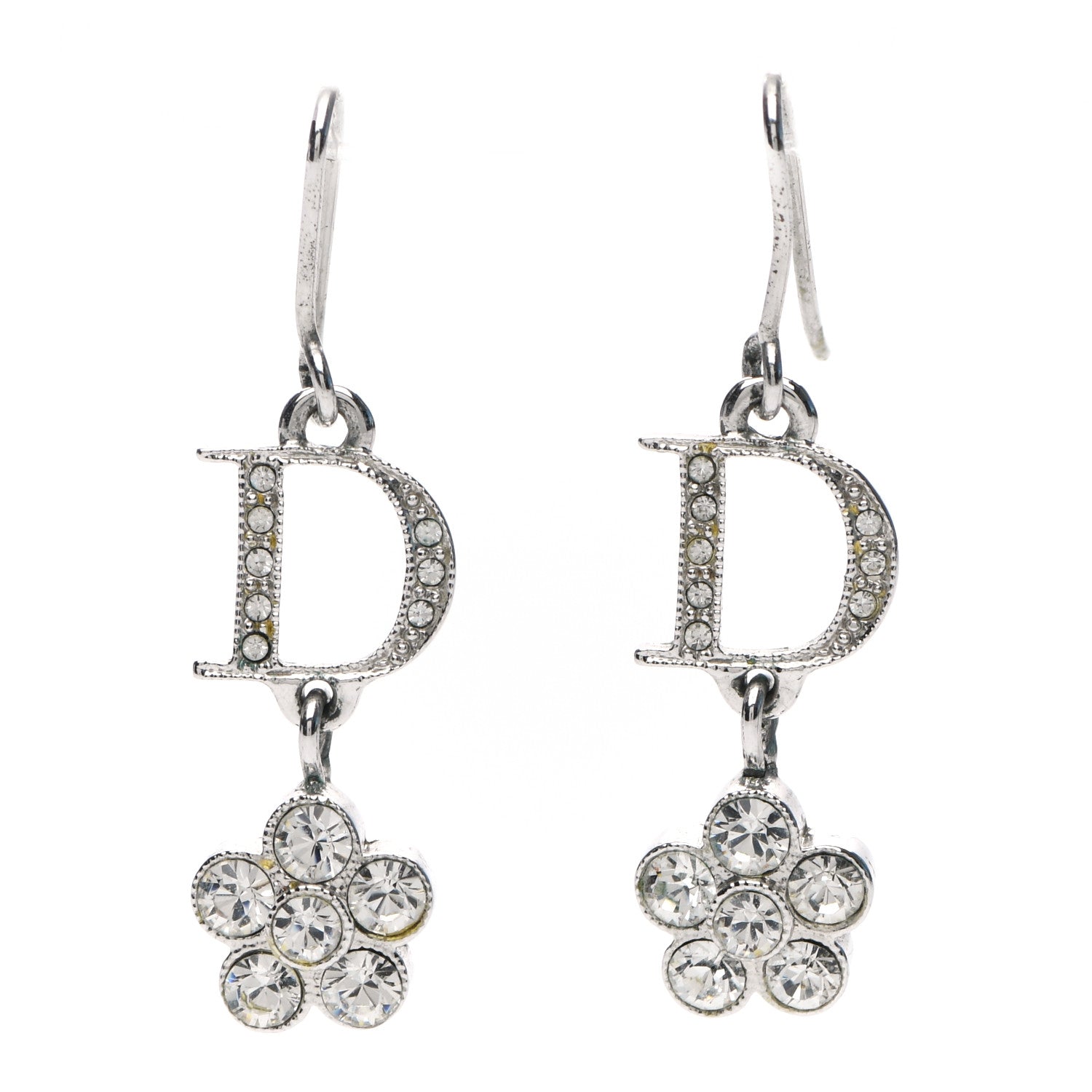 Christian Dior Crystal Flower Dangle Earrings Silver 1 of 4