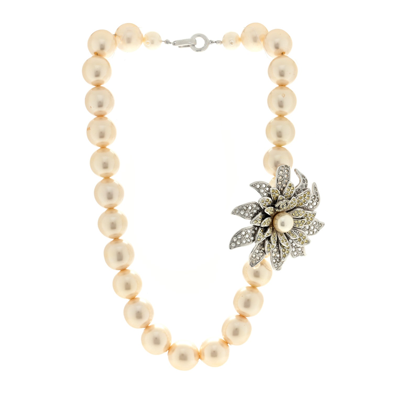 Chanel Crystal Pearl Flower CC Necklace Silver 3 of 5