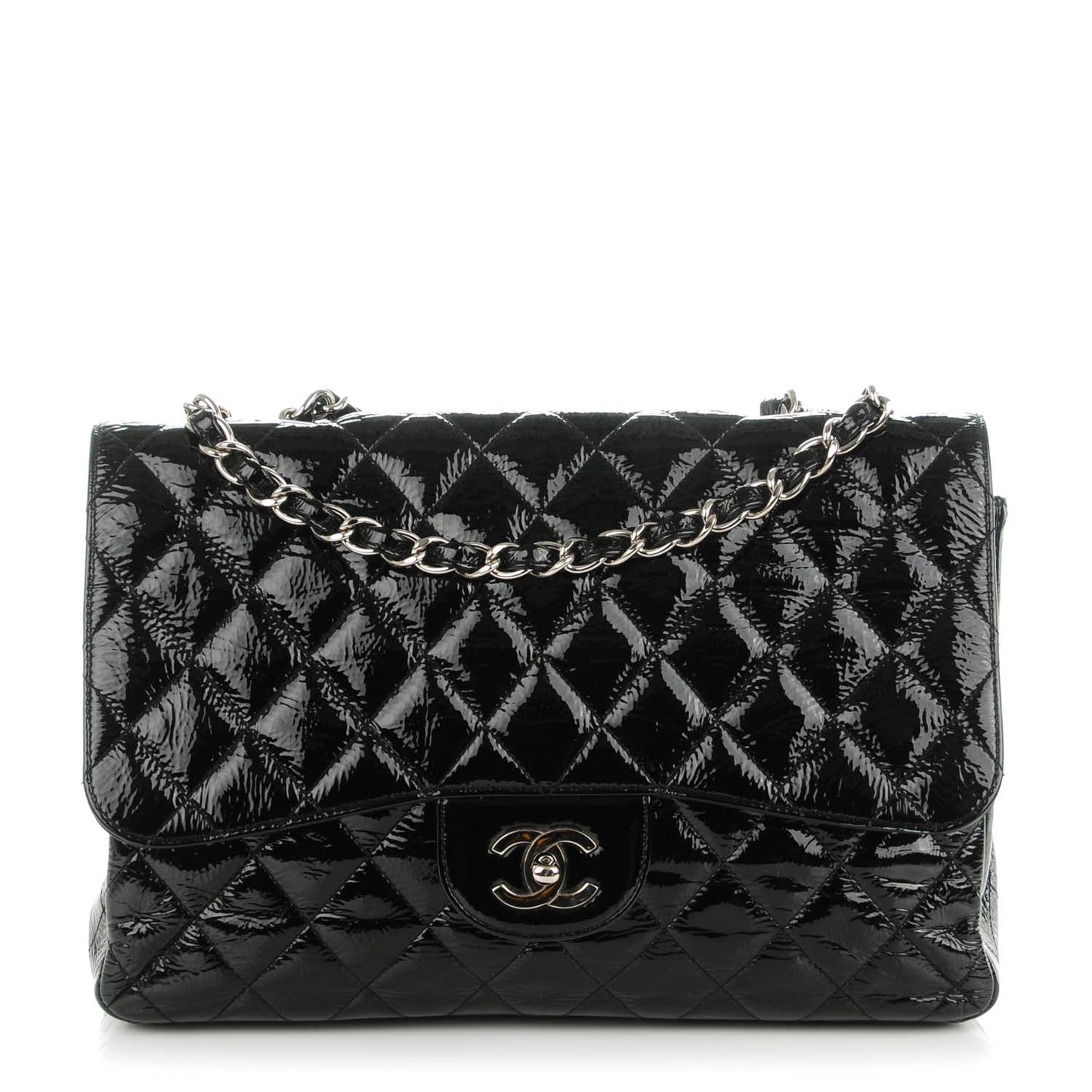 Distressed Patent Quilted Jumbo Single Flap Black