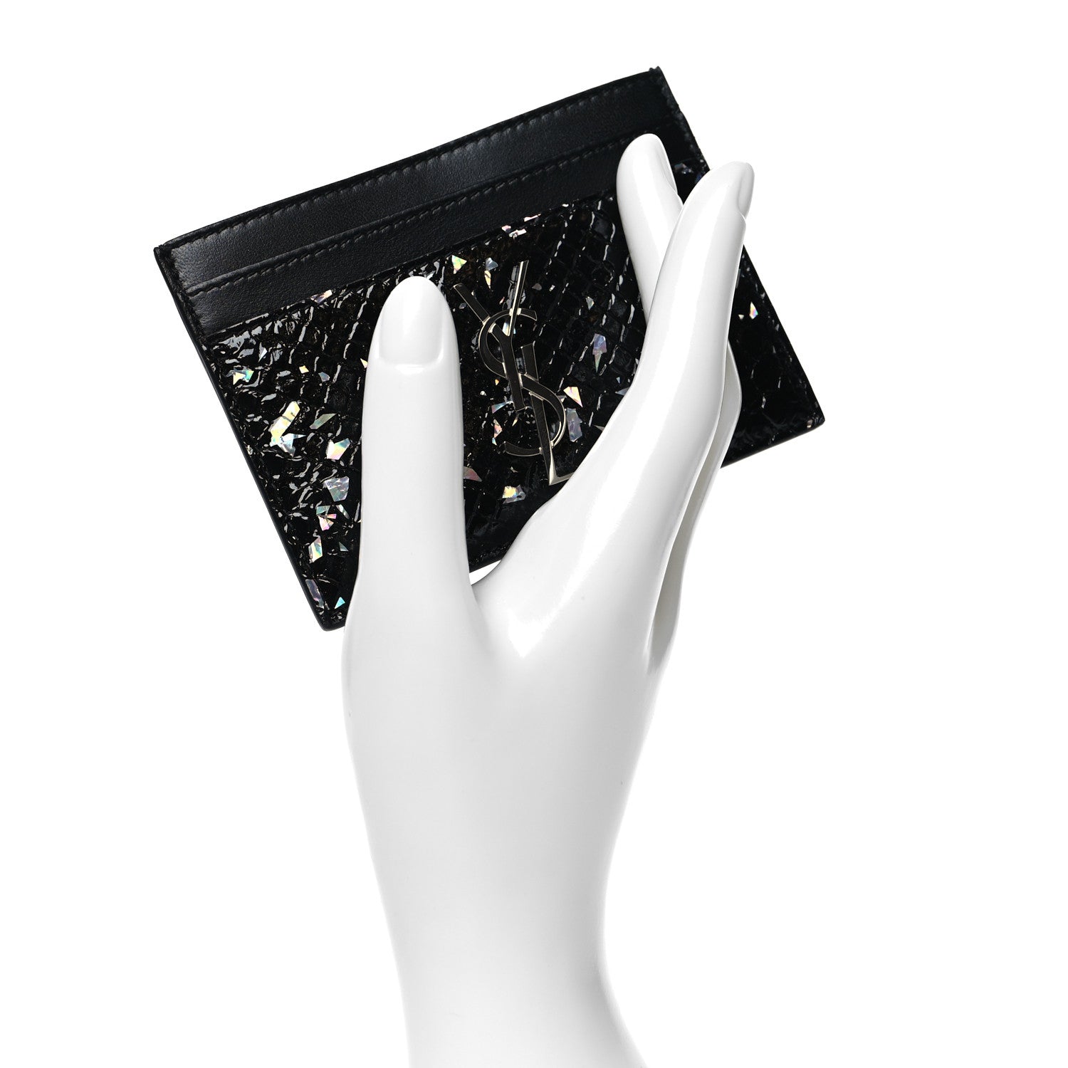 Saint Laurent Lambskin Python Embossed Glitter Monogram Credit Card Case Black 2 of 8