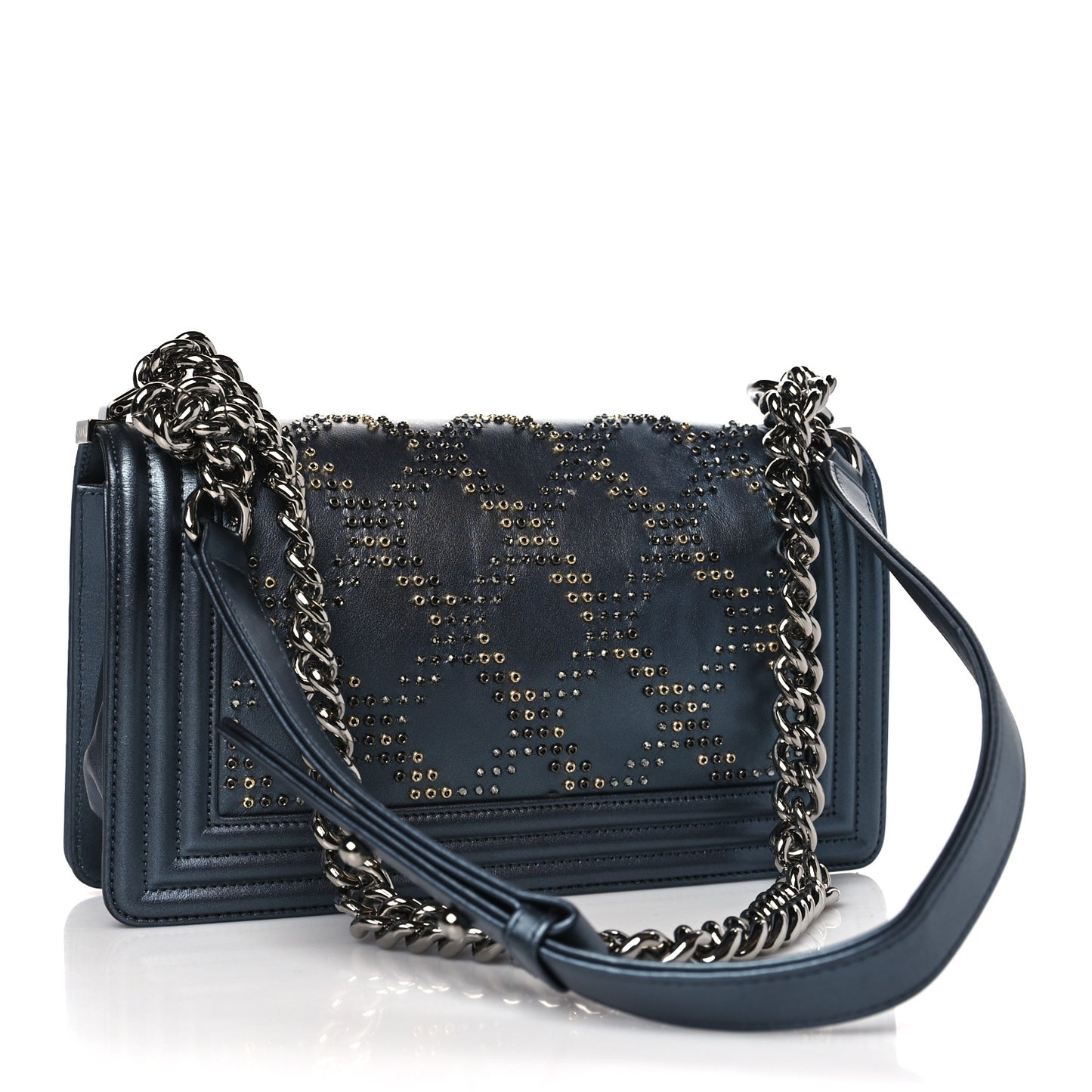 Calfskin Crystal Quilted Medium Boy Flap Charcoal