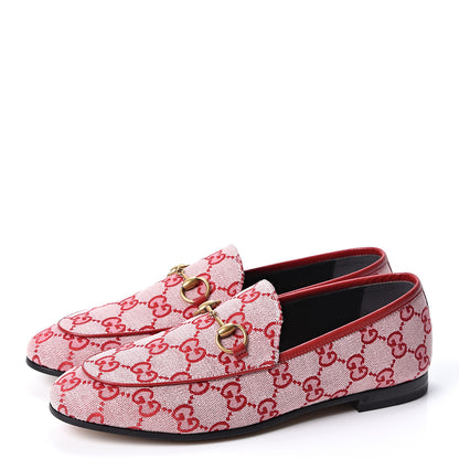Gucci Canvas GG Monogram Horsebit Womens Jordaan Loafers 37 Gardenia Hibiscus Red 3 of 10