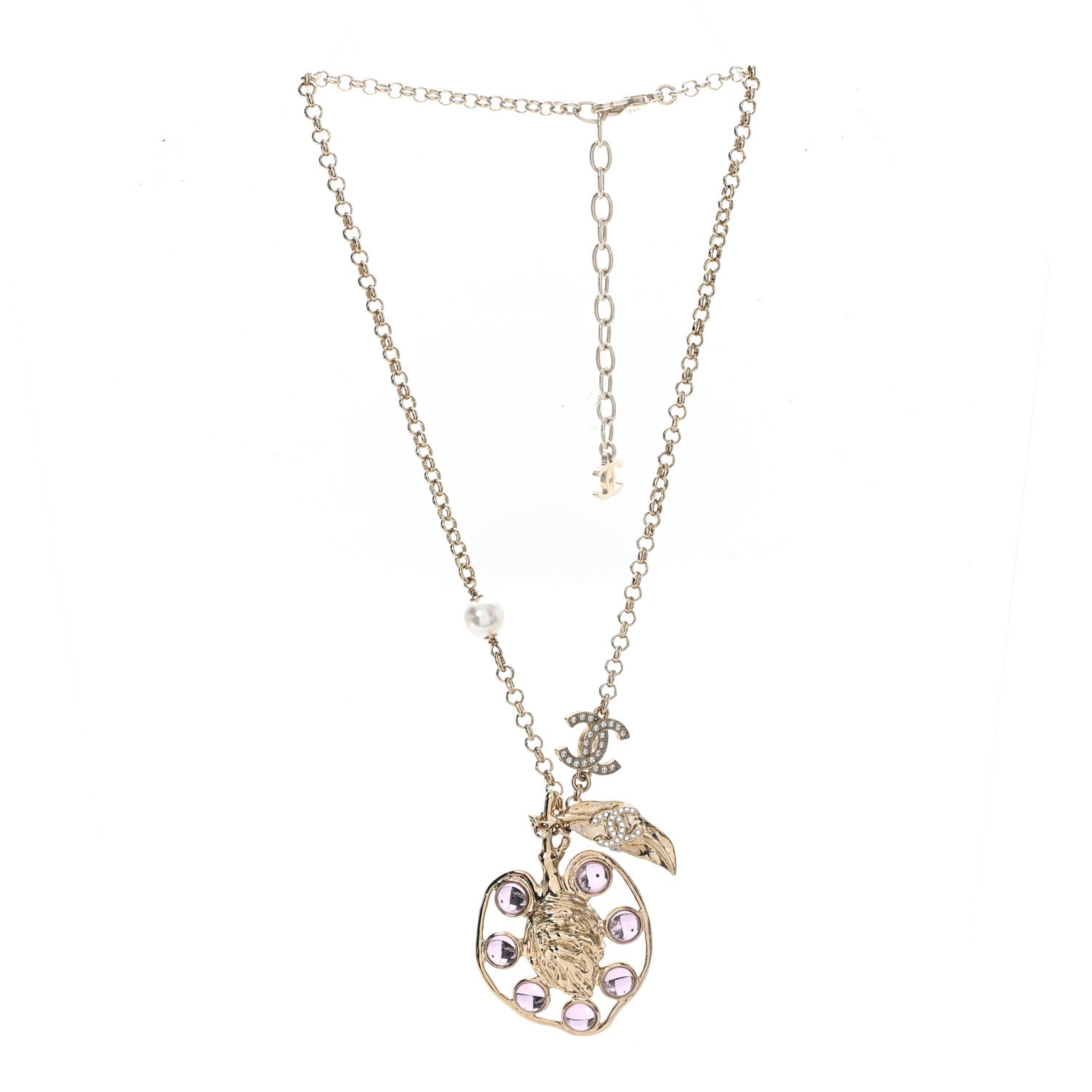 Chanel Resin Crystal Pearl CC Fruit Pendant Necklace Gold Pink 3 of 4