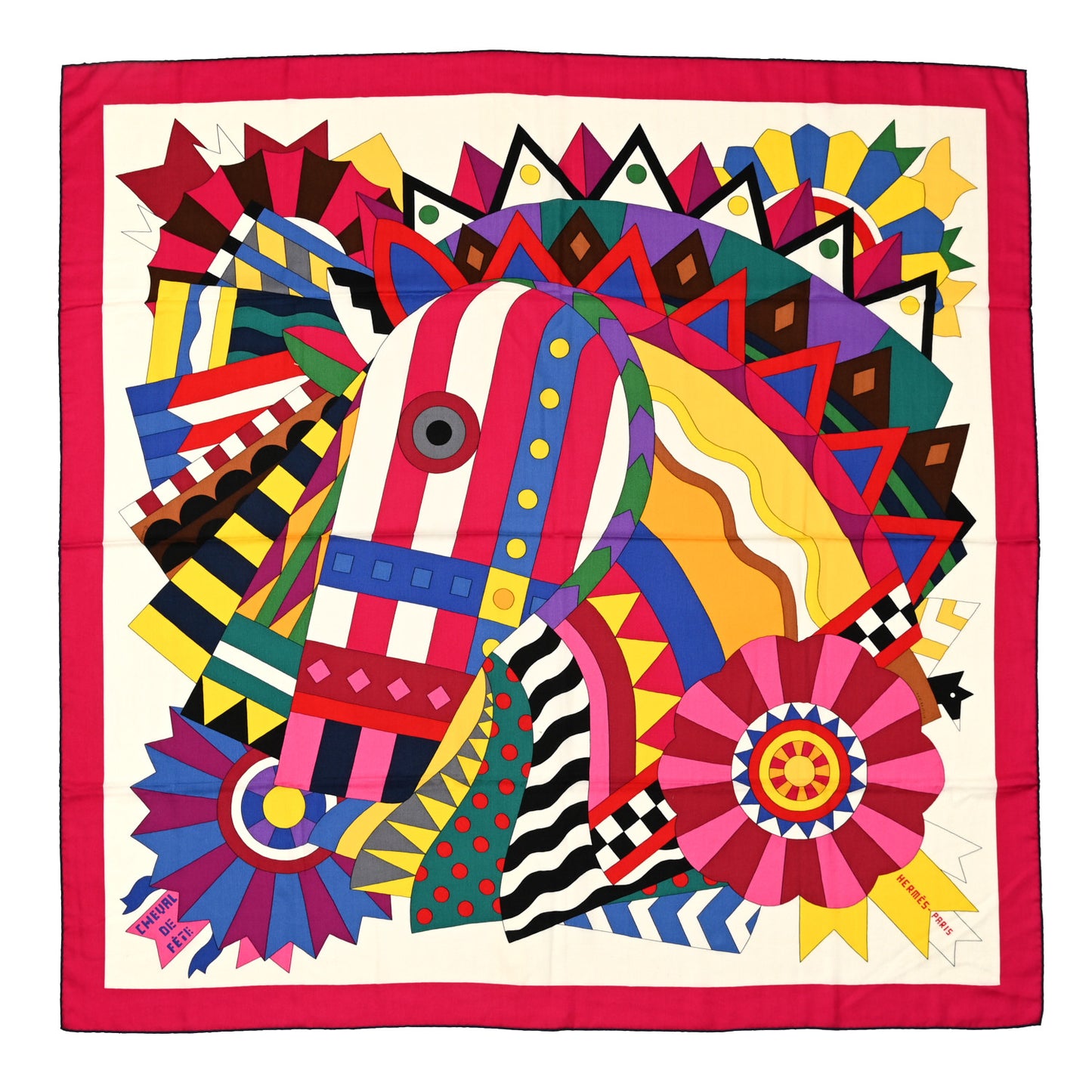 Cashmere Silk Cheval De Fete Shawl 140 Rose Vif White Multicolor