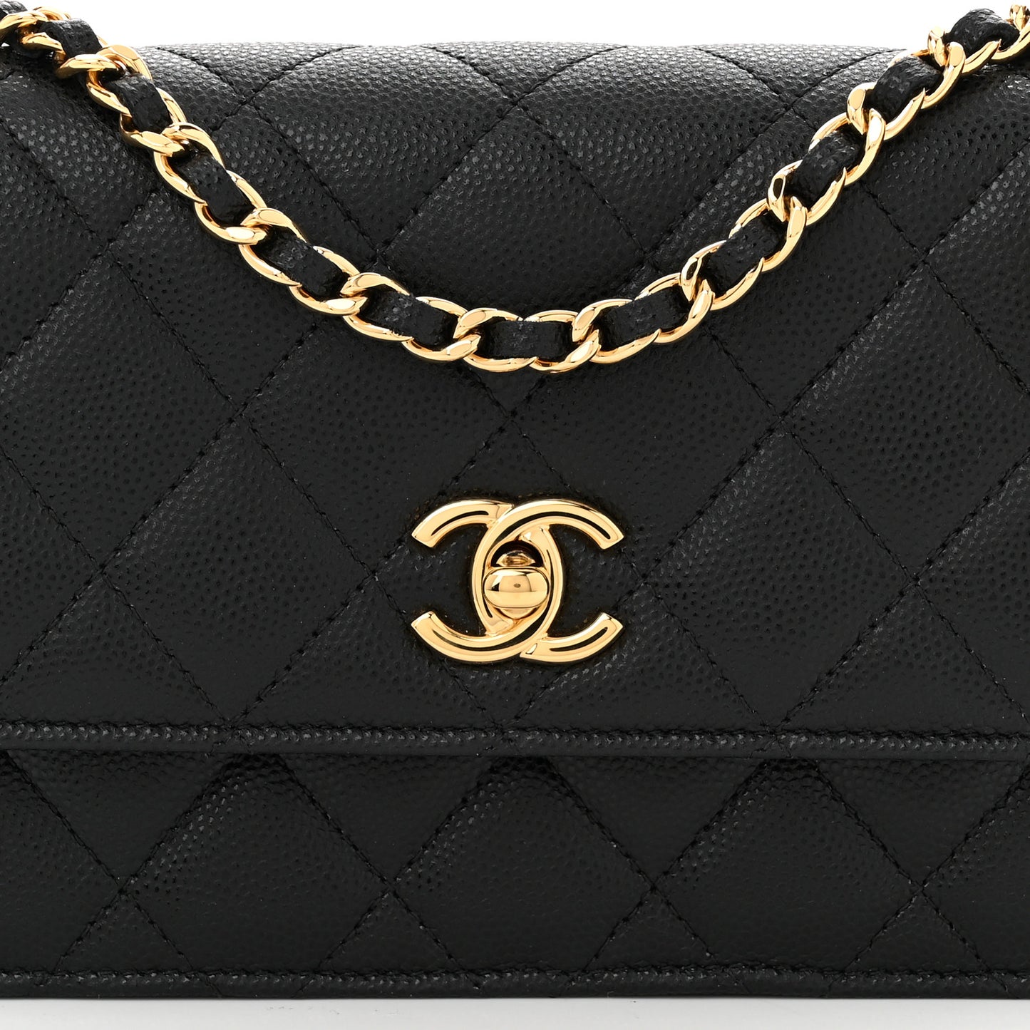 Shiny Caviar Quilted Flap Charm Wallet On Chain WOC Black