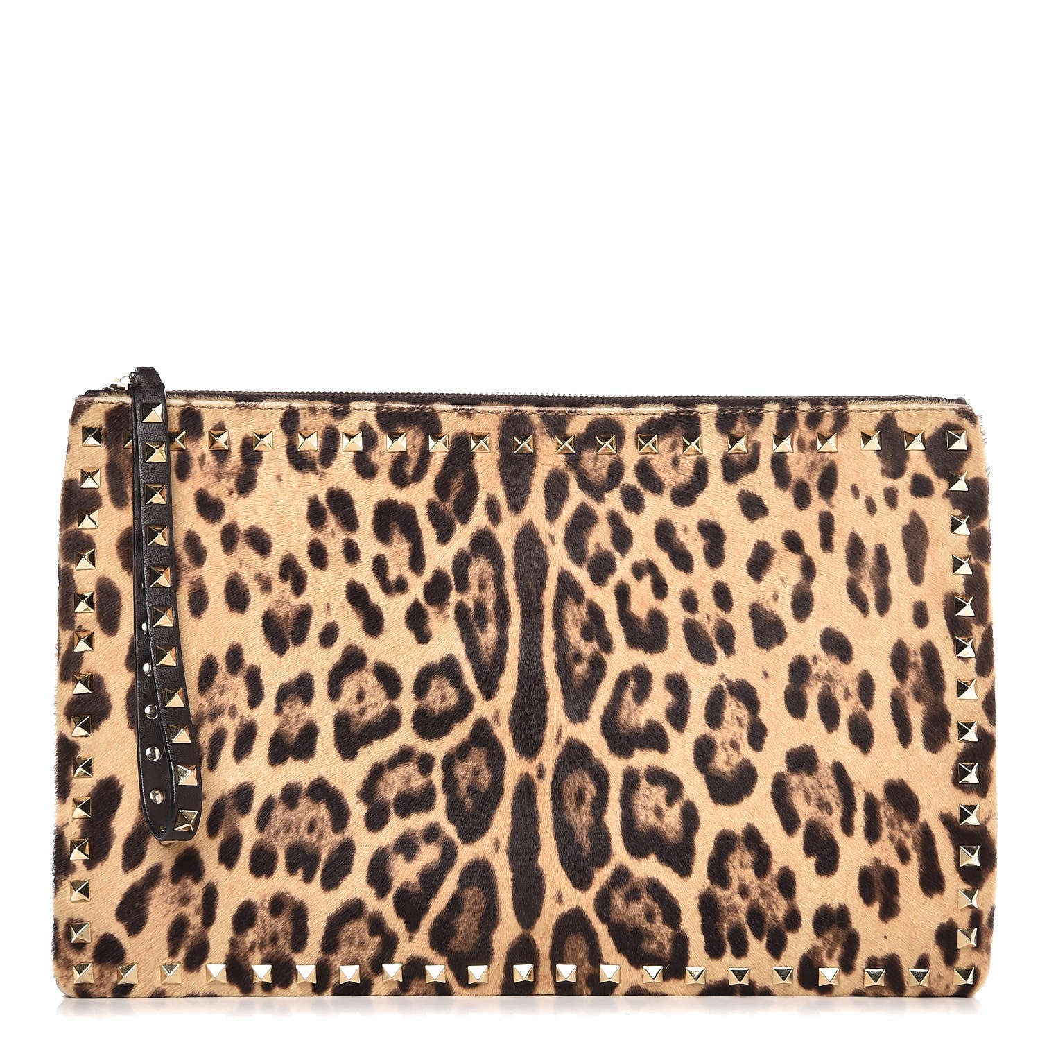 Valentino Garavani Calf Hair Leopard Print Rockstud Zip Wristlet Pouch Leopard 1 of 10