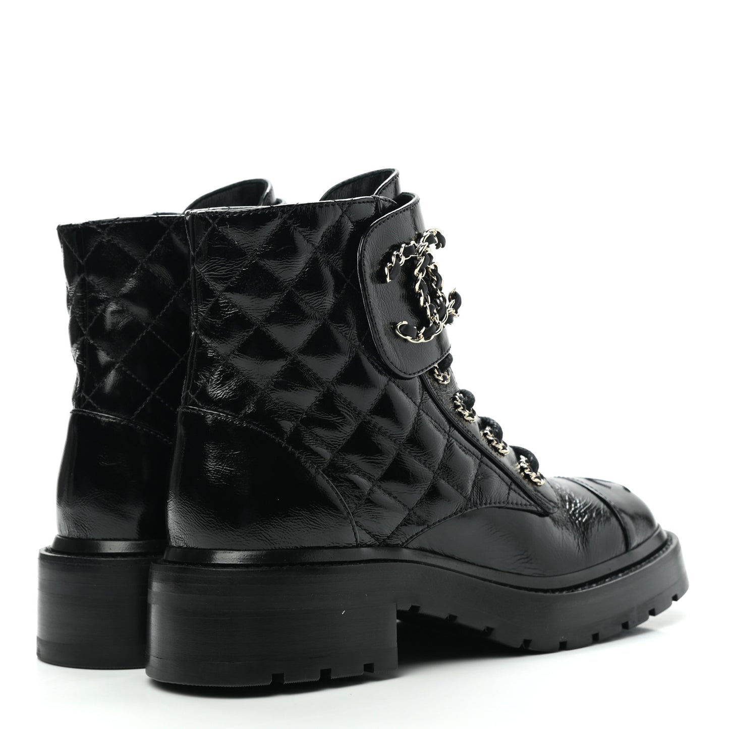 Shiny Calfskin Quilted Lace Up Combat Boots 35 Black