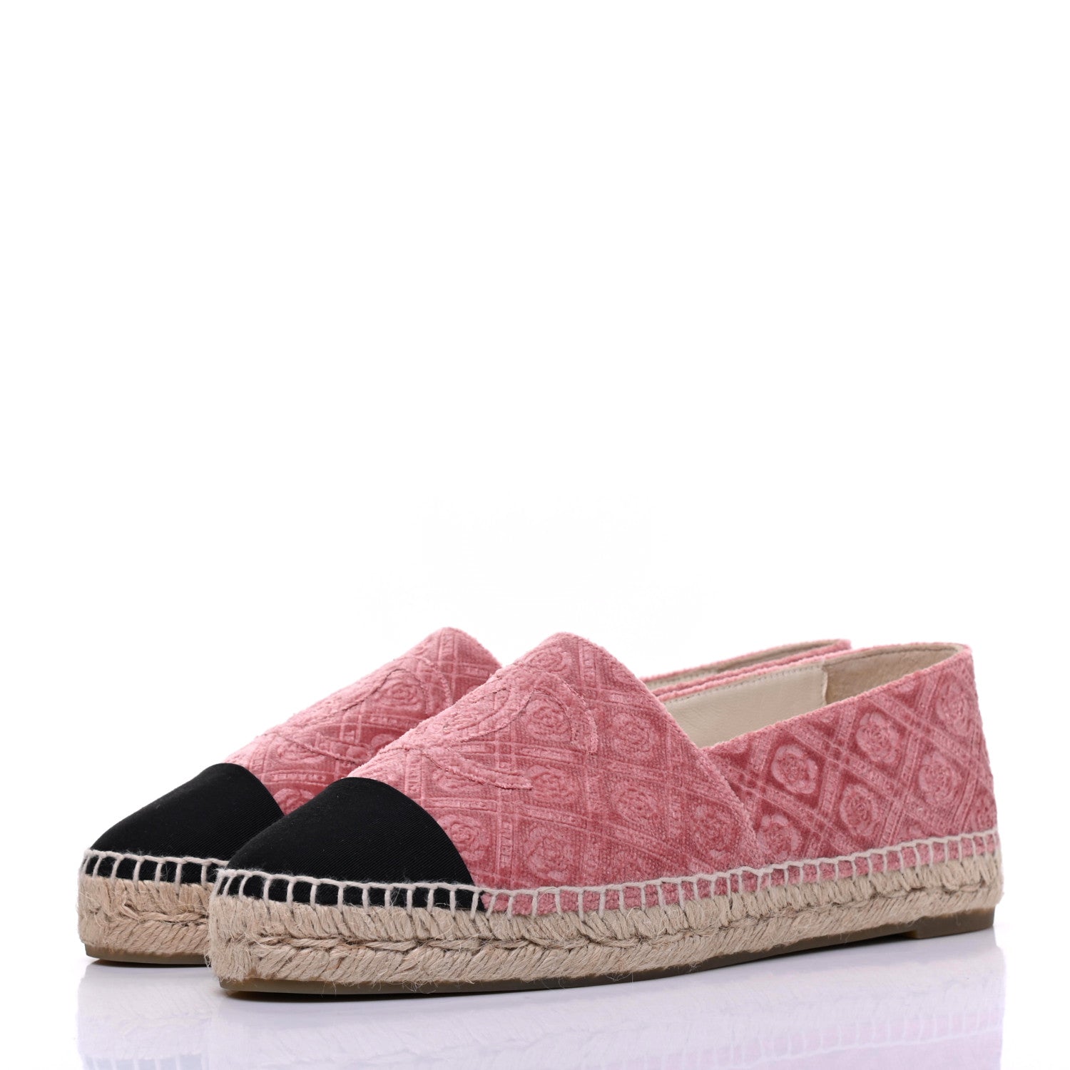 Chanel Velvet Grosgrain Quilted Camellia CC Espadrilles 39 Pink Black 3 of 9