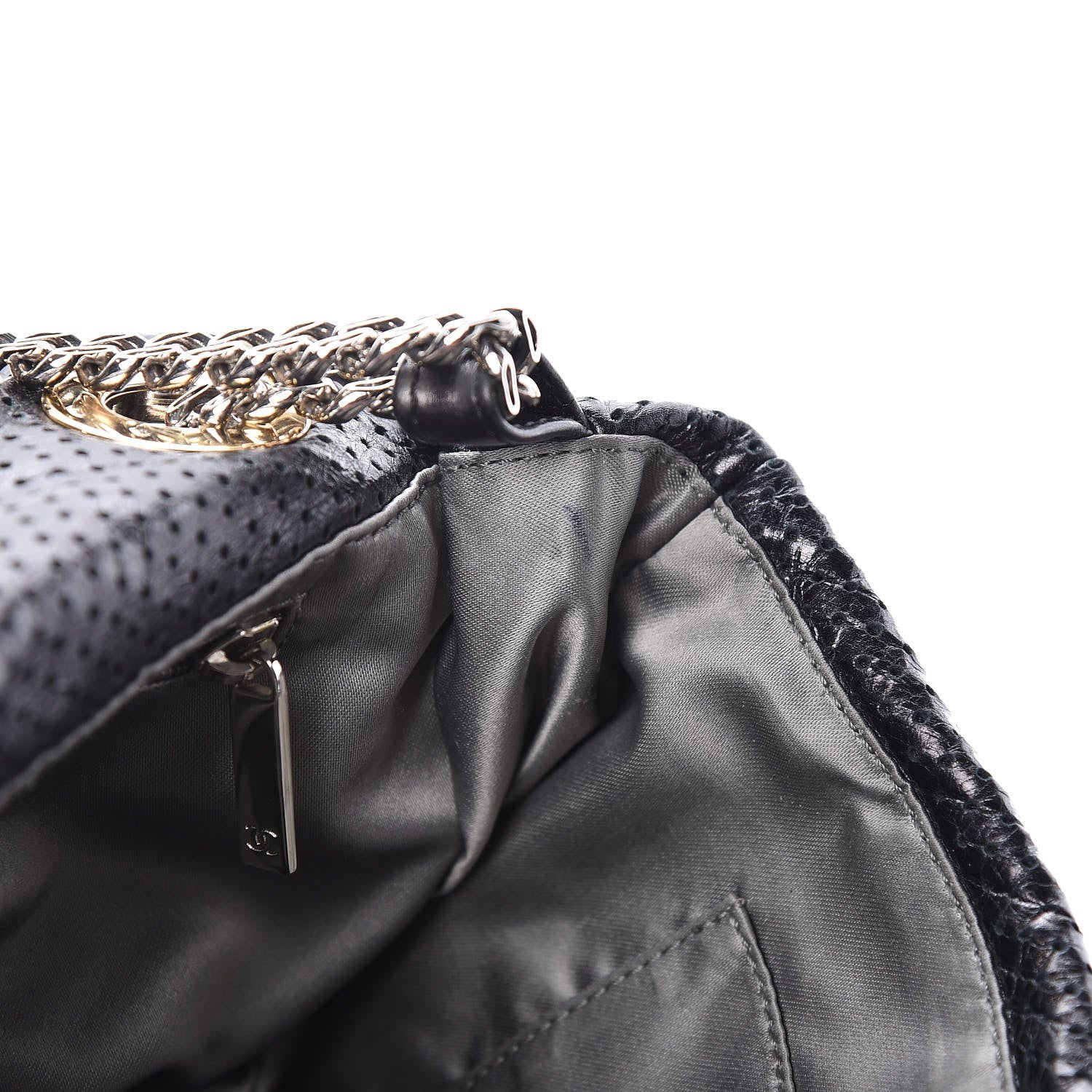 Chanel Metallic Crackled Calfskin Large Perforated Drill Flap Black 9 of 12