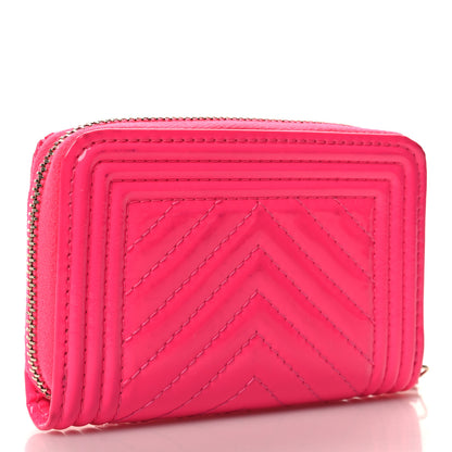 Chanel Patent Chevron Quilted Zip Around Boy Coin Purse Wallet Neon Pink 3 of 8