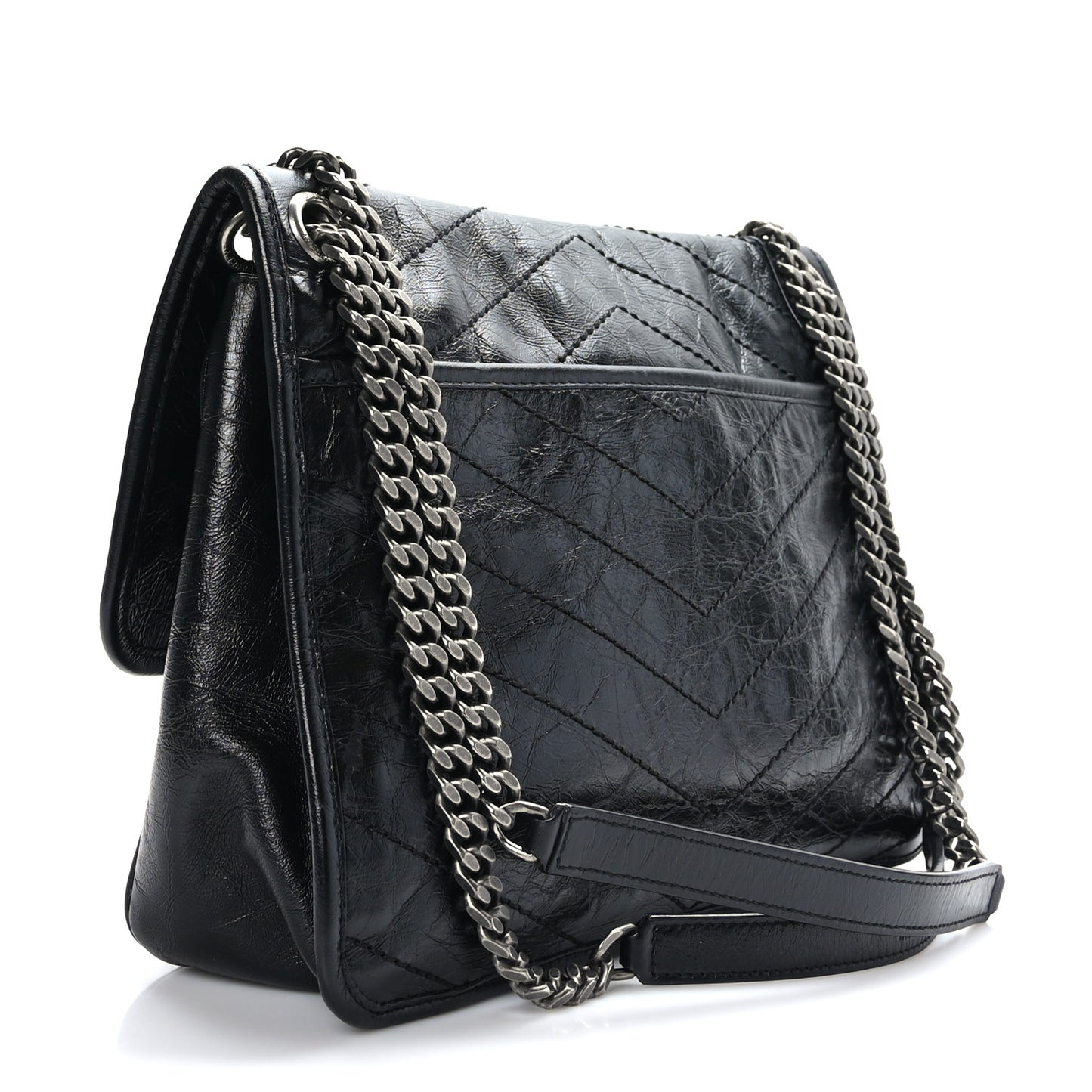 Crinkled Calfskin Matelasse Monogram Medium Niki Chain Satchel Black