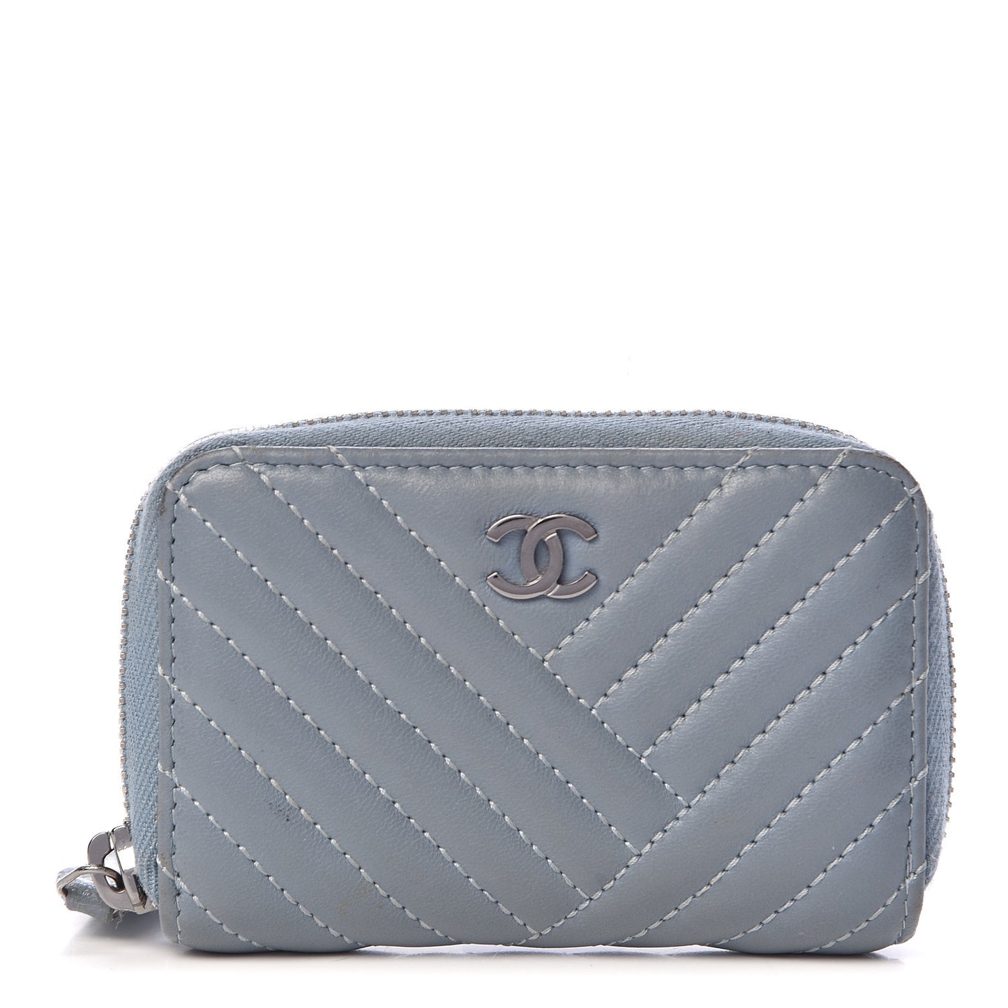 Lambskin Quilted CC Crossing Zip Around Coin Purse Light Blue