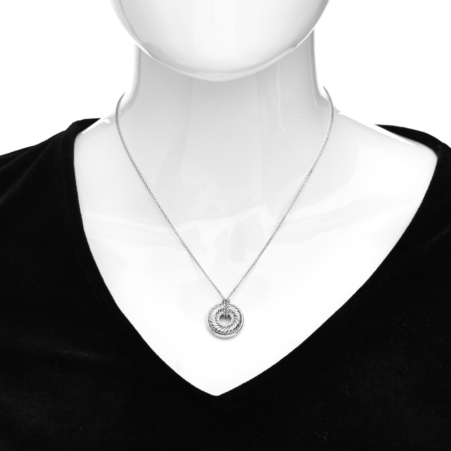 David Yurman Sterling Silver Diamond Sculpted Cable Disc Necklace 2 of 4