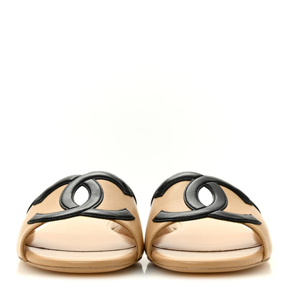 Chanel Lambskin CC Cutout Sandal Mules 39 Beige Black 3 of 10