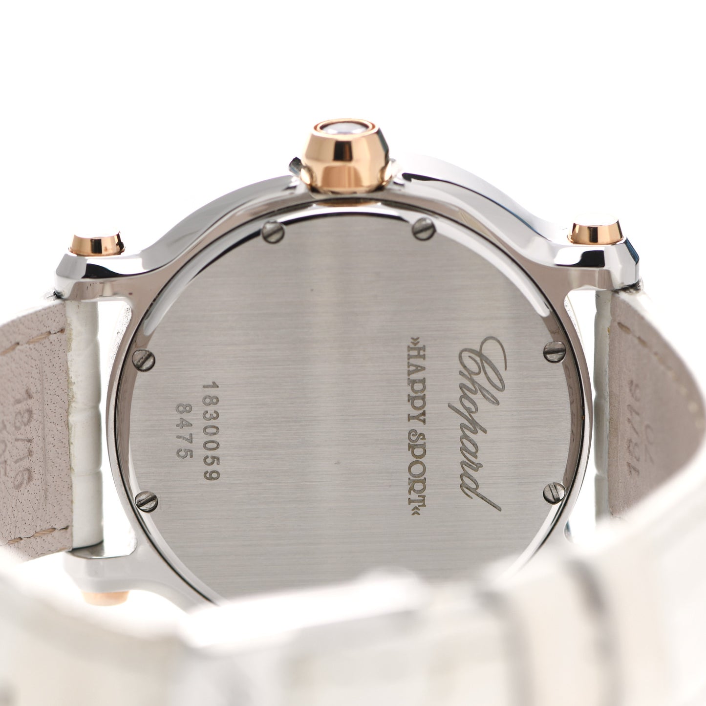 Stainless Steel 18K Rose Gold Alligator 5 Diamond 35mm Happy Sport Guilloche Quartz Watch White
