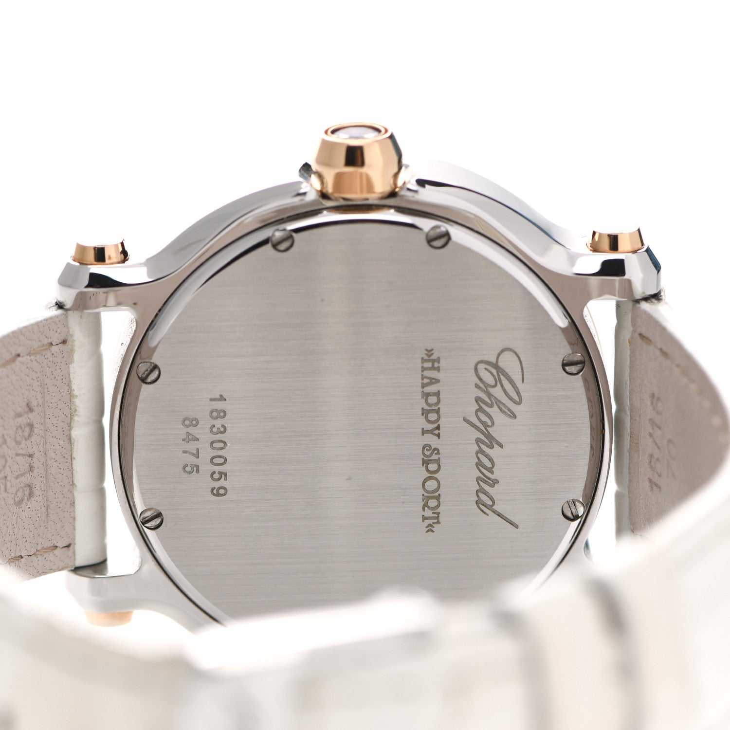 Chopard Stainless Steel 18K Rose Gold Alligator 5 Diamond 35mm Happy Sport Guilloche Quartz Watch White 4 of 5