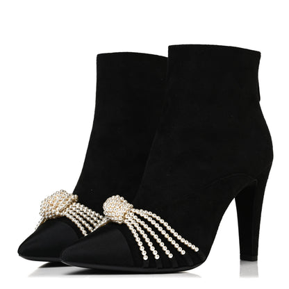 Chanel Suede Calfskin Pearl Cap Toe Short Boots 38.5 Black 3 of 9